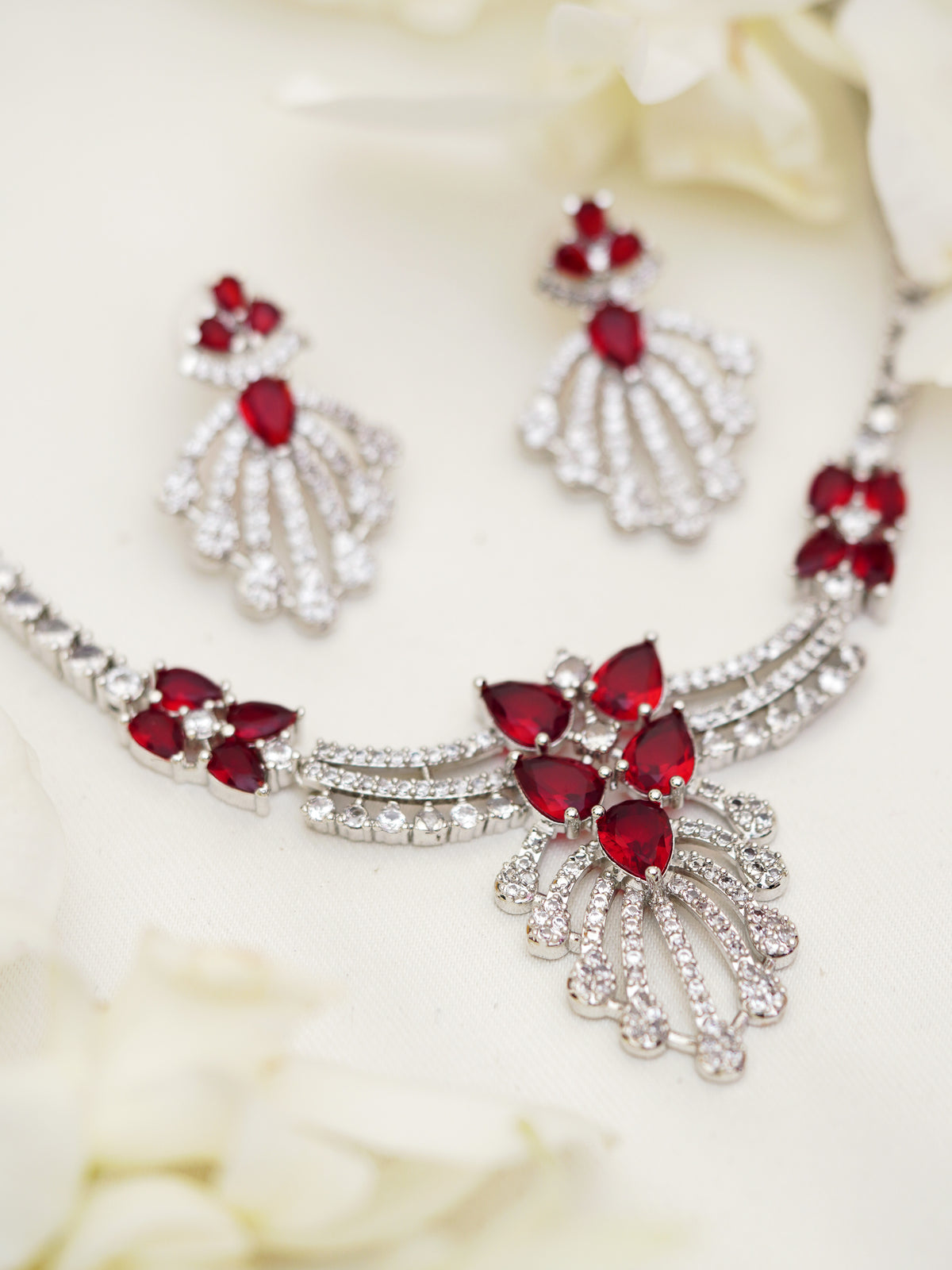 Red Petal Cascade Necklace Set
