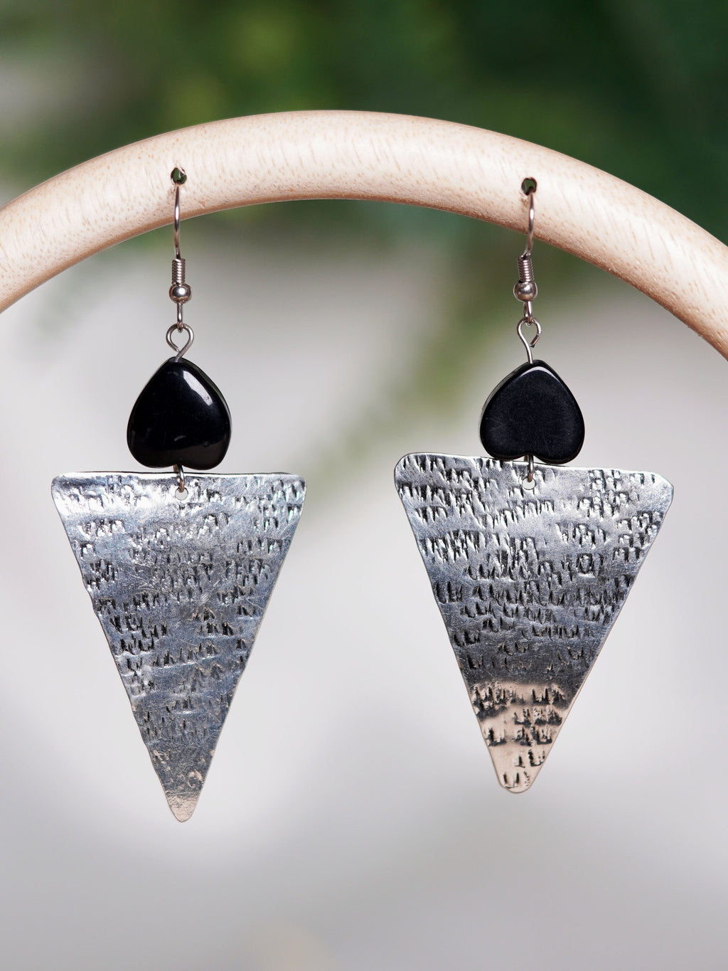 Black Bead Hammered Triangle Earrings