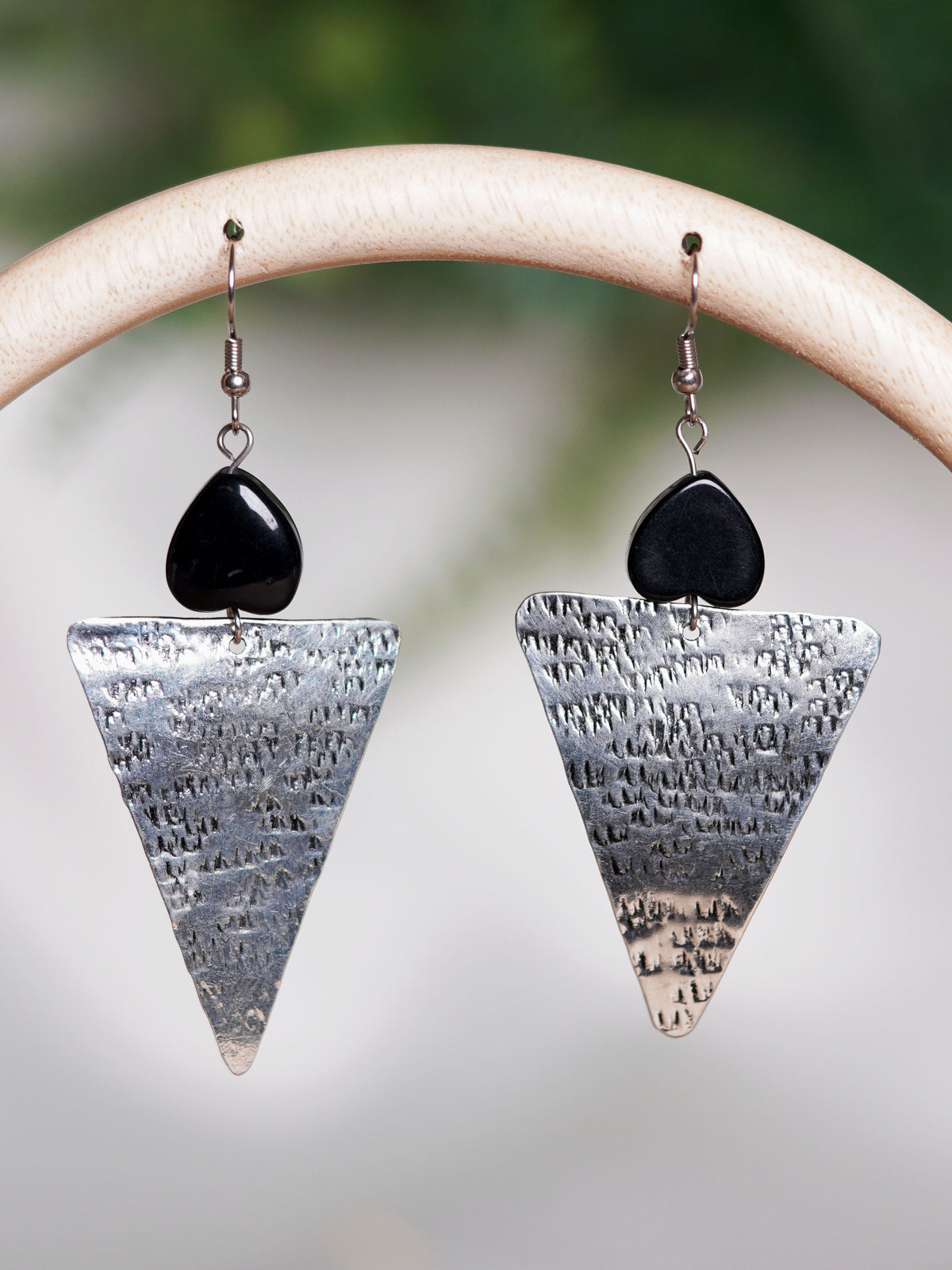 Black Bead Hammered Triangle Earrings