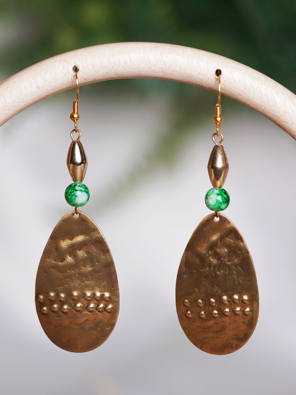 Green Bead Hammered Teardrop Earrings