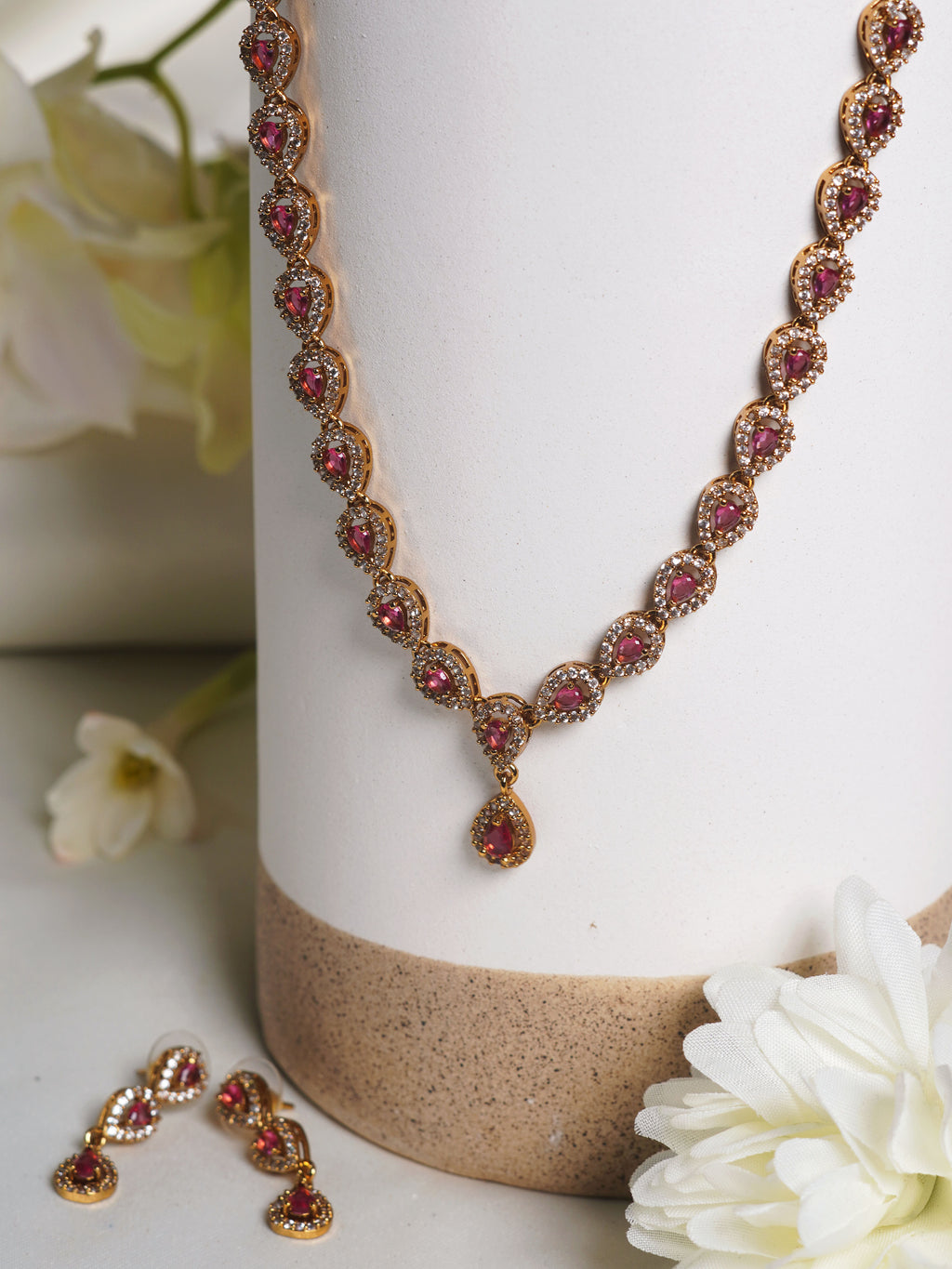 Crimson Teardrop Tennis Necklace Set