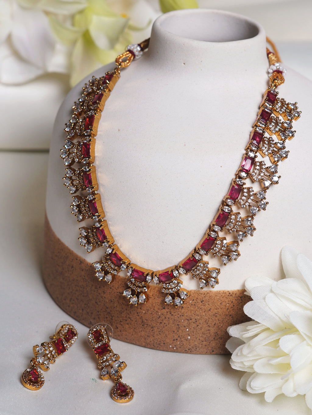 Crimson Cascade Crystal Statement Necklace Set