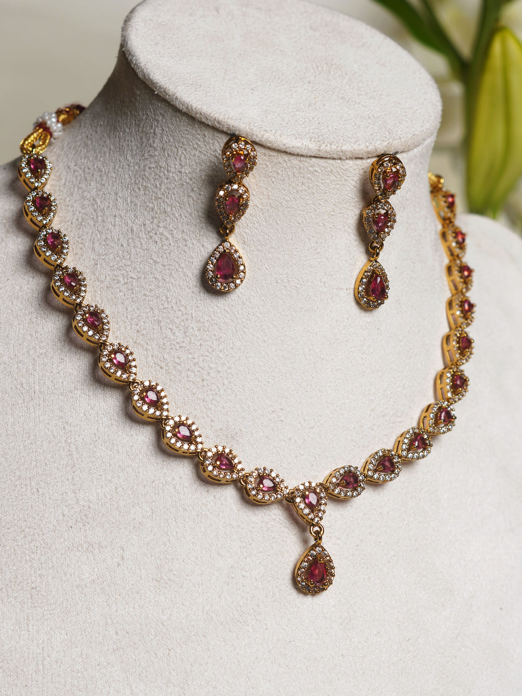 Crimson Teardrop Tennis Necklace Set