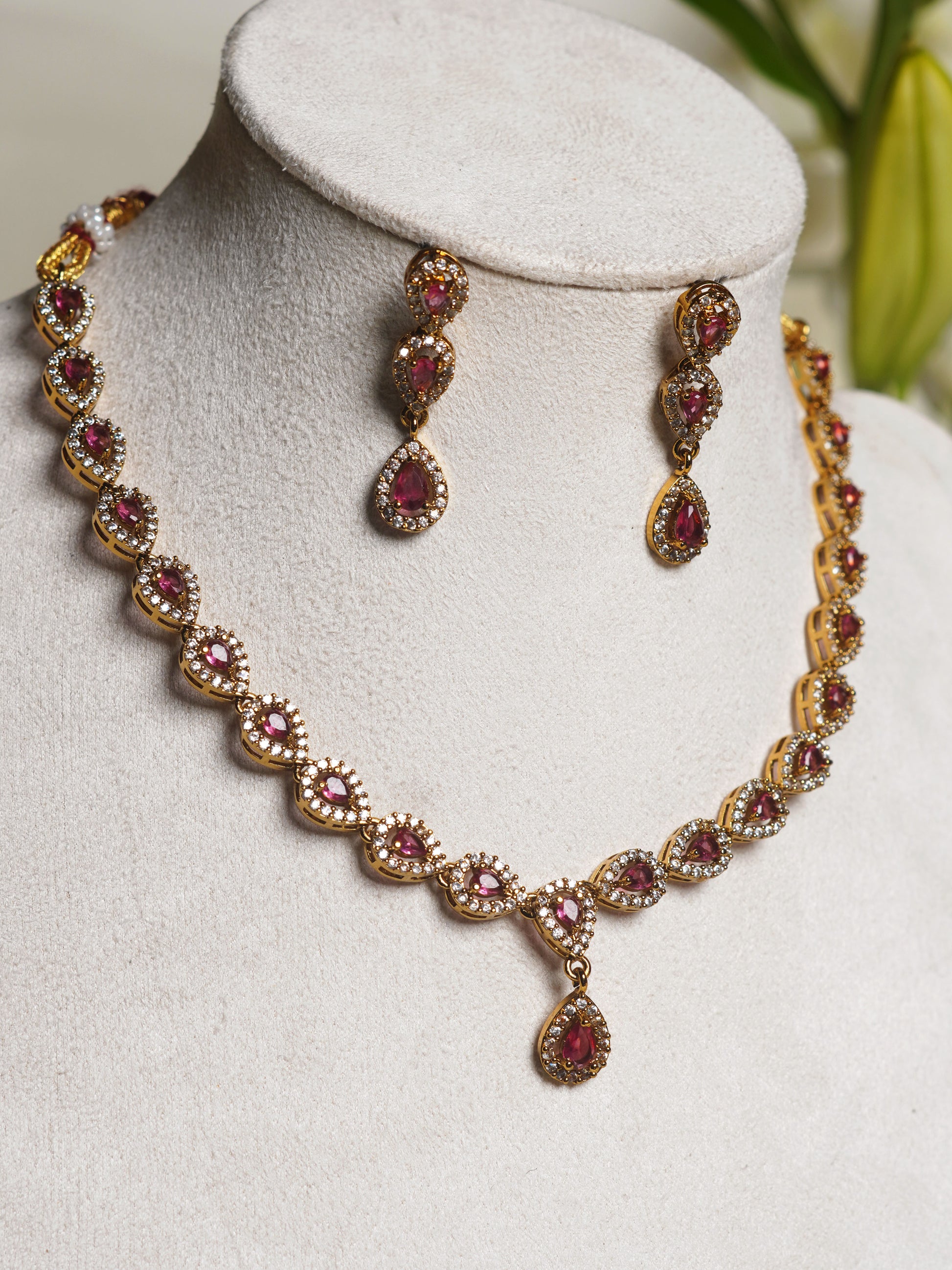 Crimson Teardrop Tennis Necklace Set