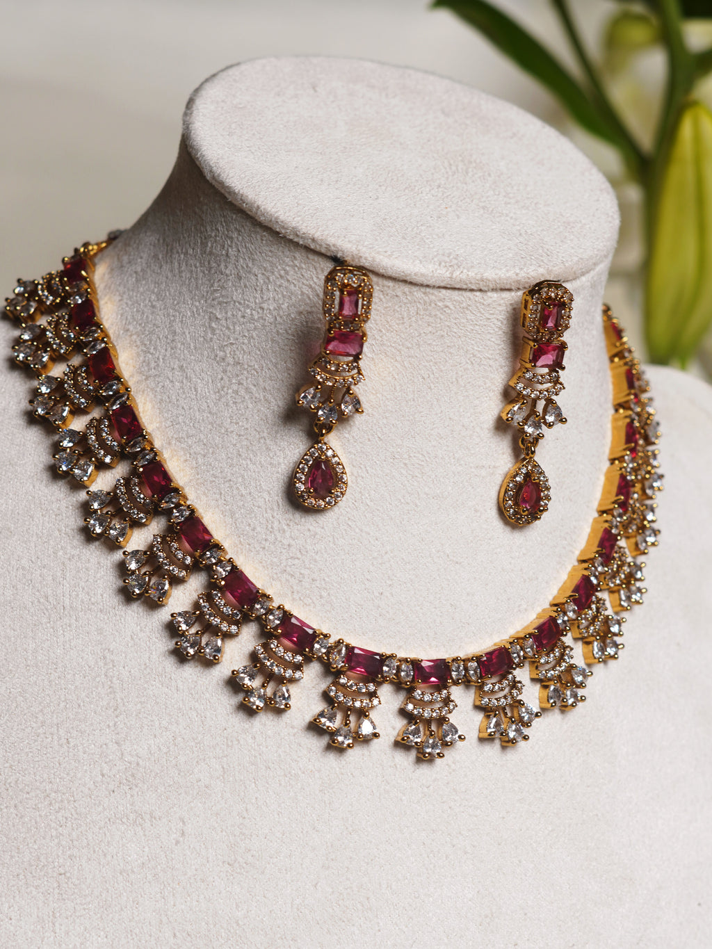 Crimson Cascade Crystal Statement Necklace Set