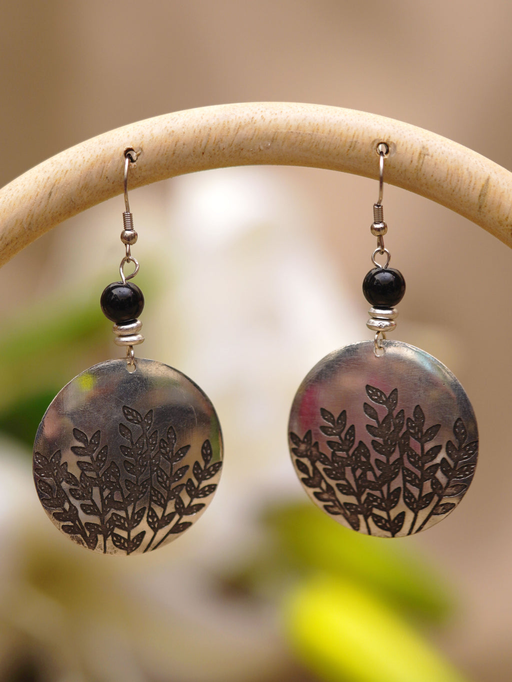 Silver Botanical Imprint Disc Earrings