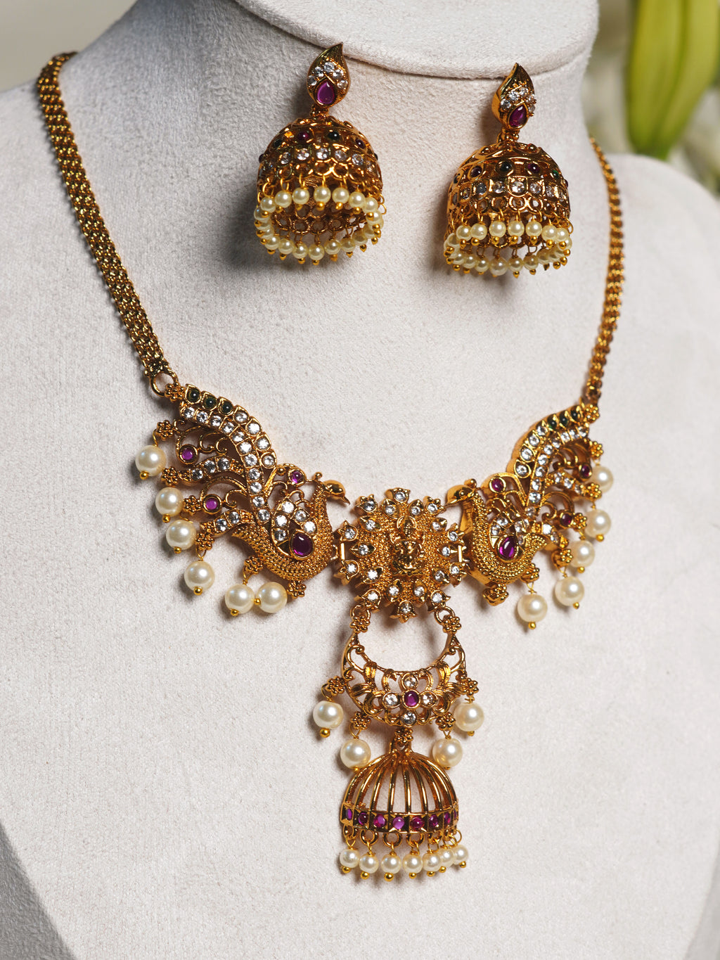 Royal Peacock Kundan Jhumka Necklace Set