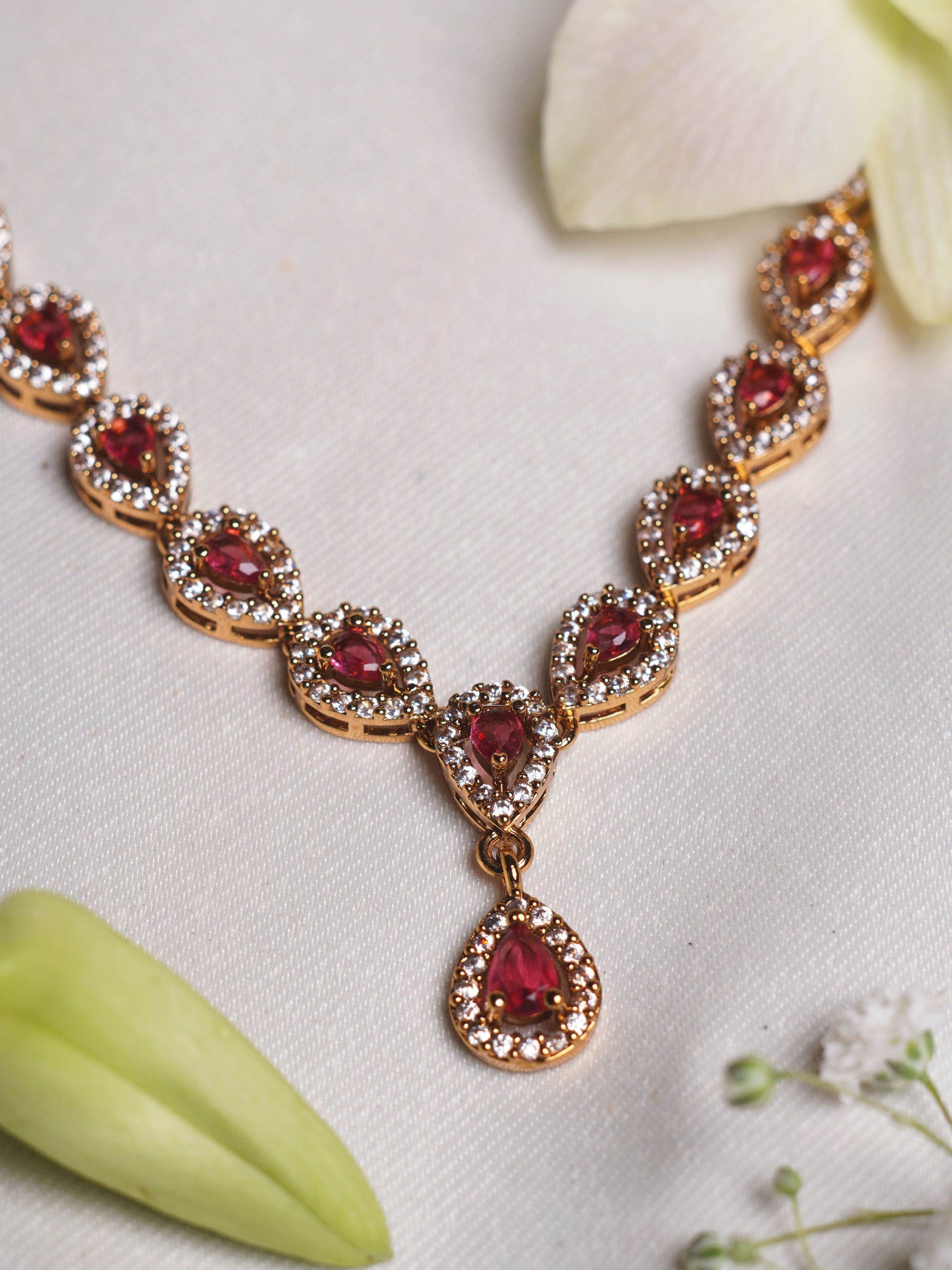 Crimson Teardrop Tennis Necklace Set