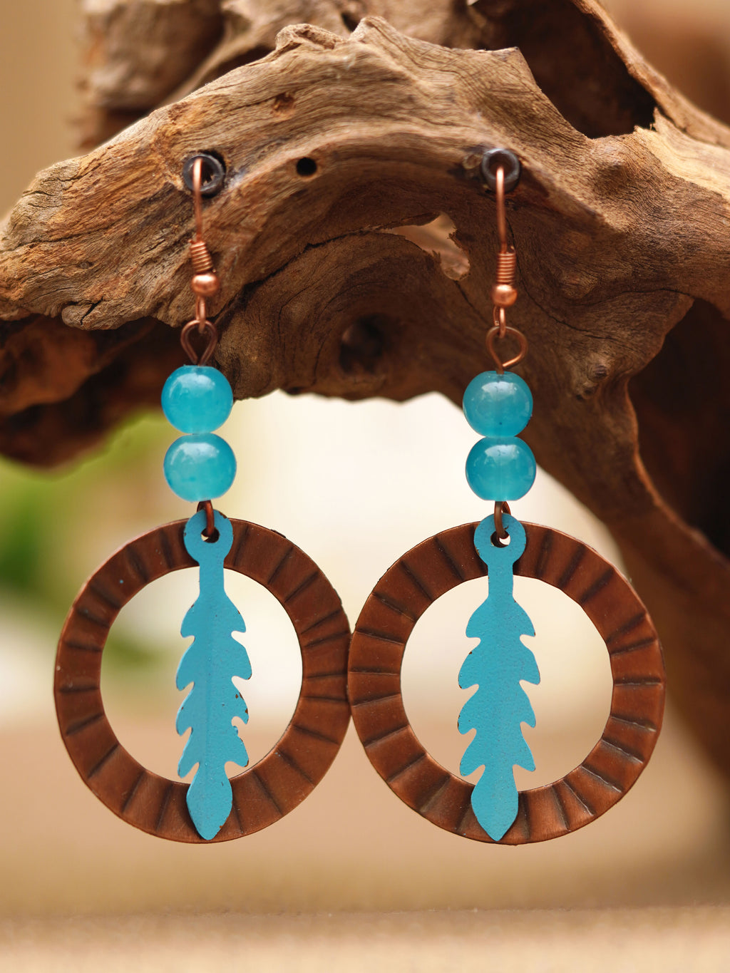 Turquoise Blue Feather Hoop Earrings