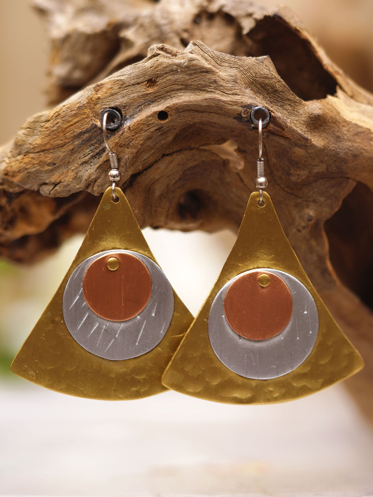 Tri-Tone Geometric Fan Earrings