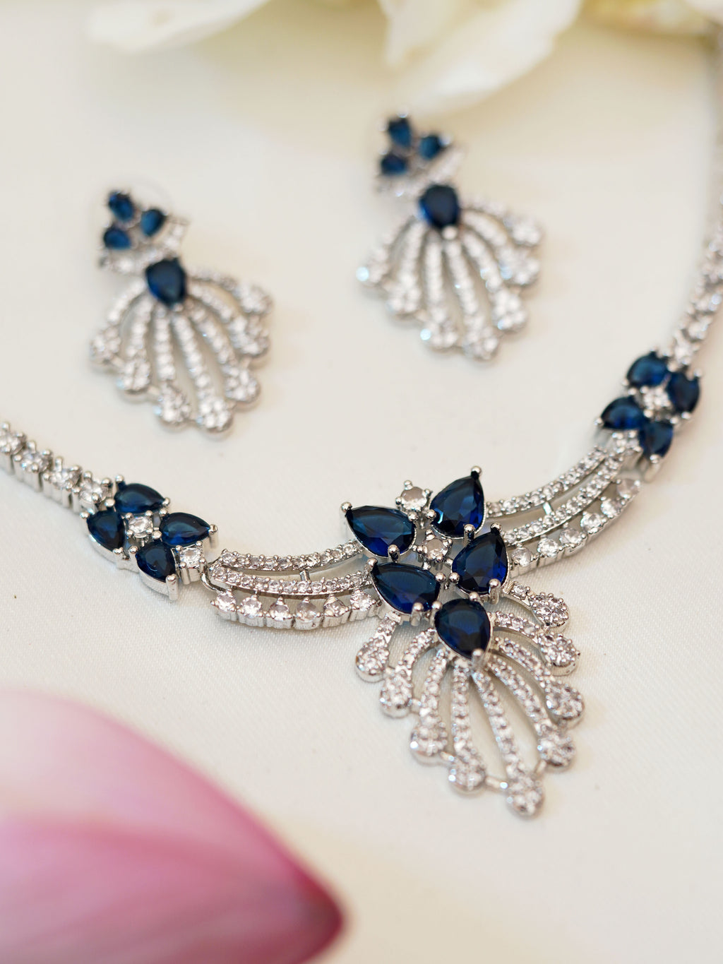 Midnight Blue Petal Cascade Necklace Set