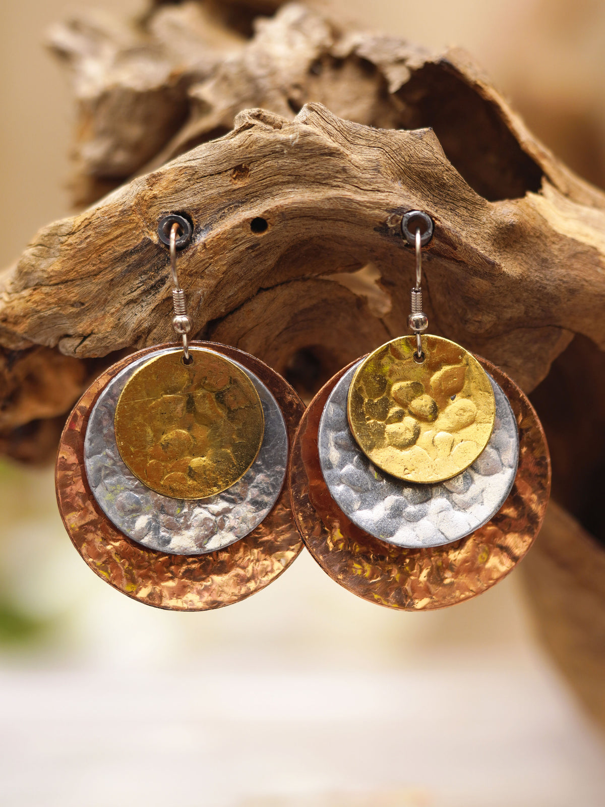 Tri-Metal Hammered Circle Earrings