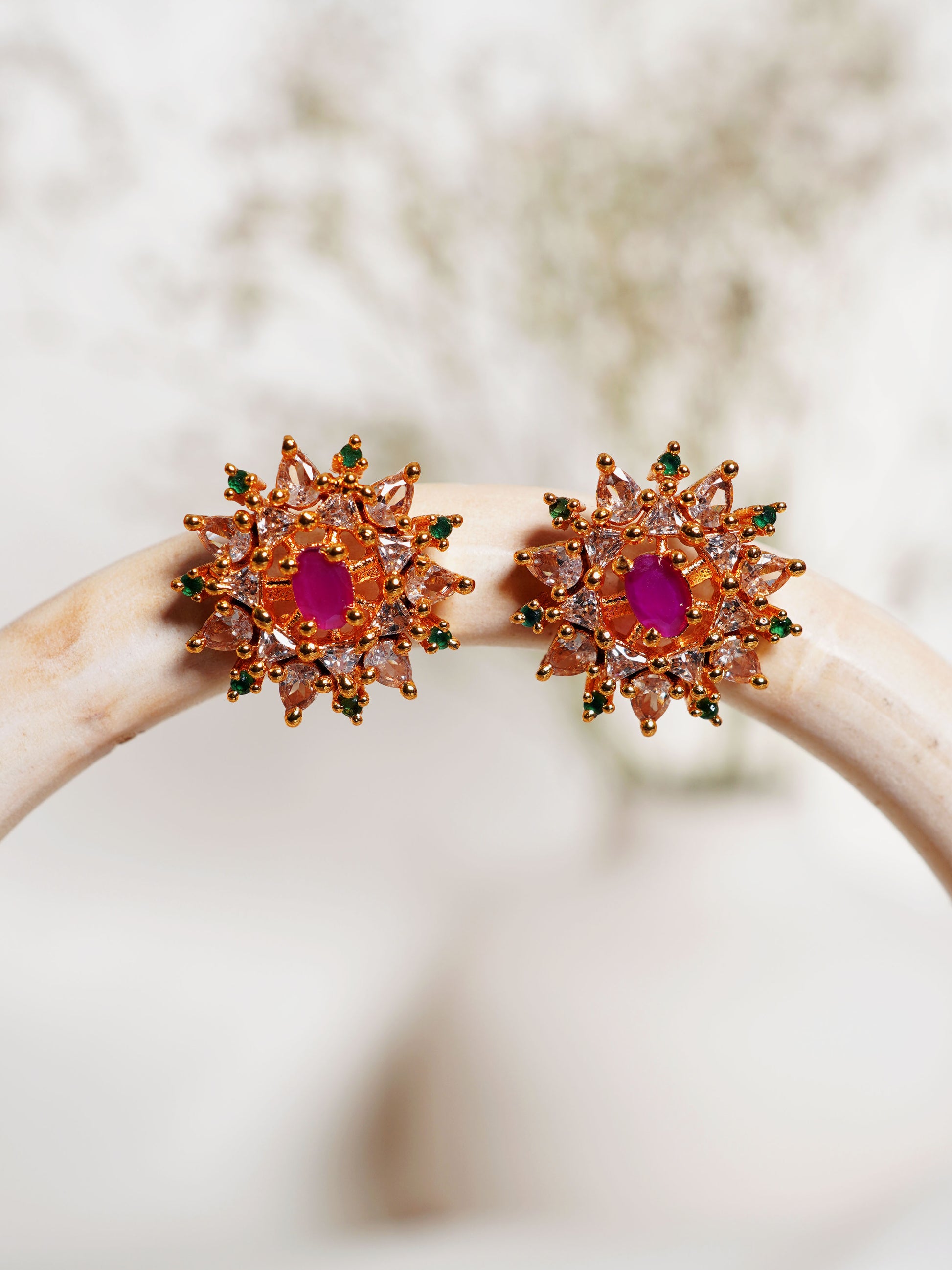Rani Green Floral Halo Stud Earrings