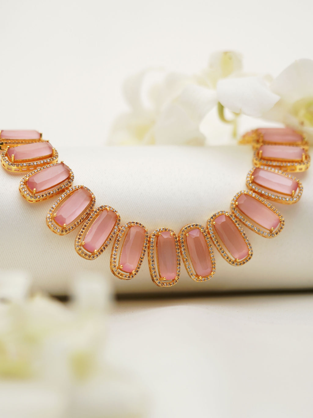 Blush Pink Rectangular Stone Necklace Set