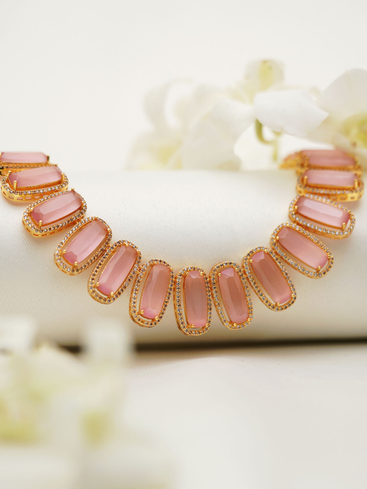 Blush Pink Rectangular Stone Necklace Set