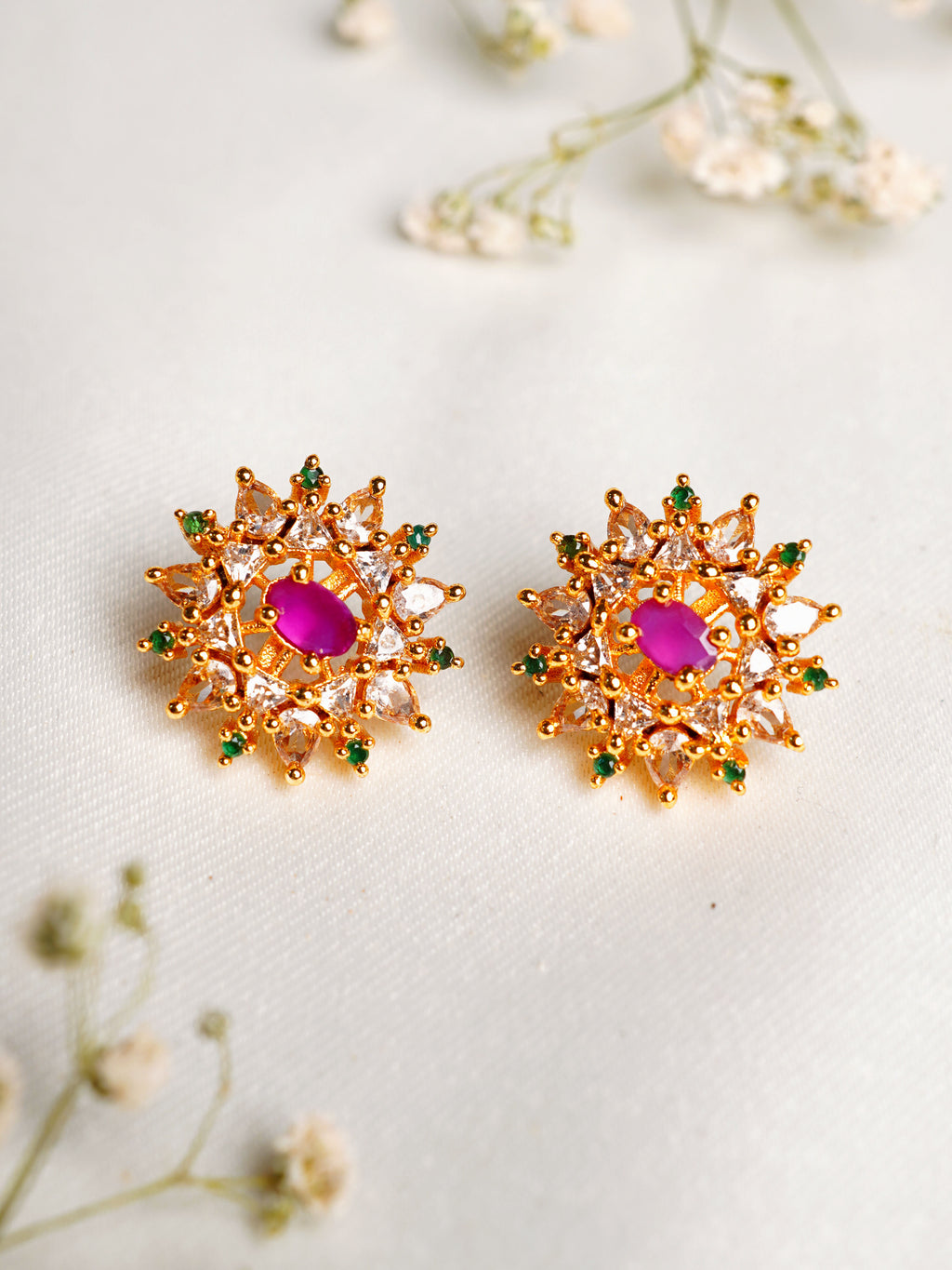 Rani Green Floral Halo Stud Earrings
