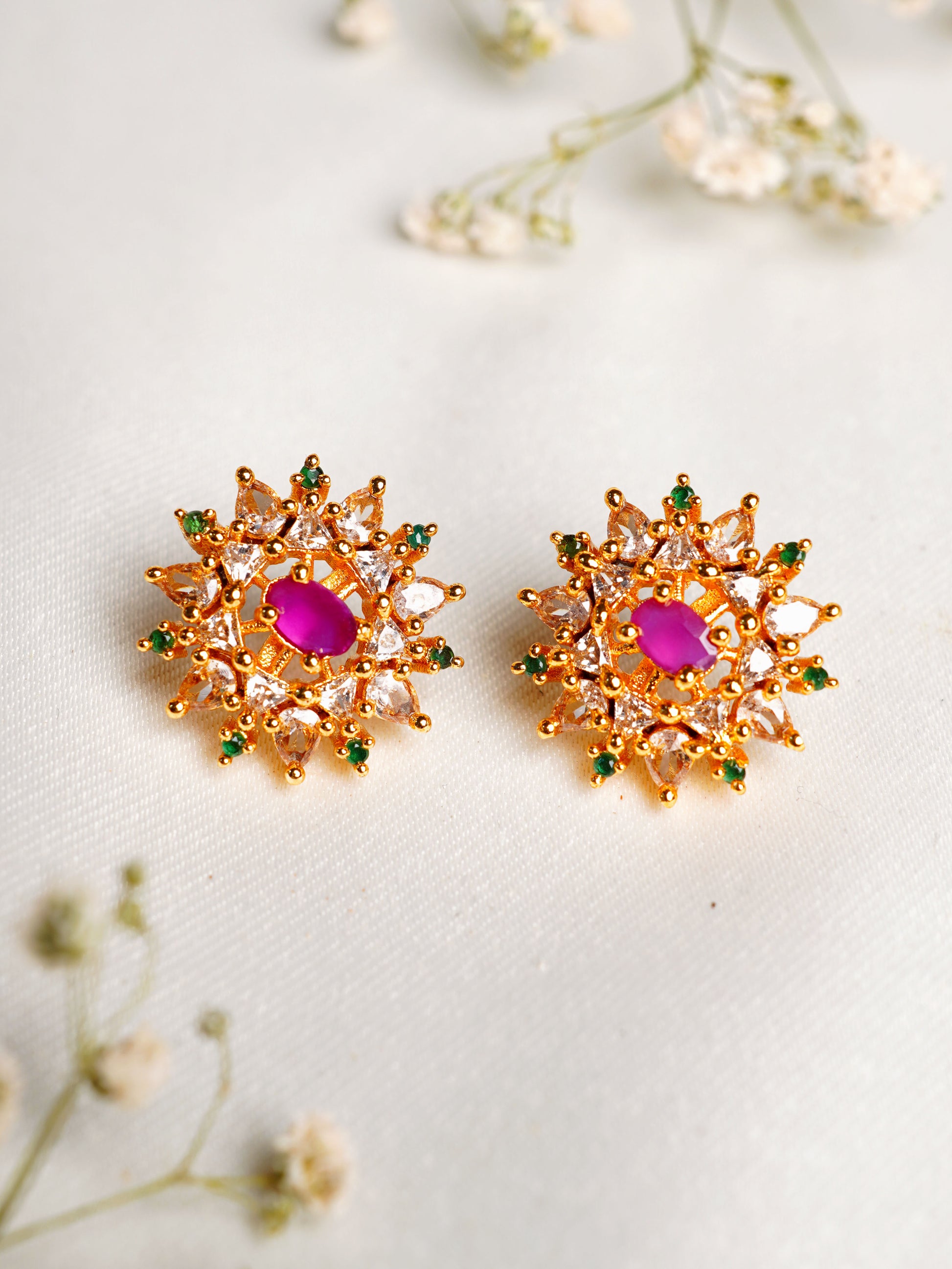 Rani Green Floral Halo Stud Earrings