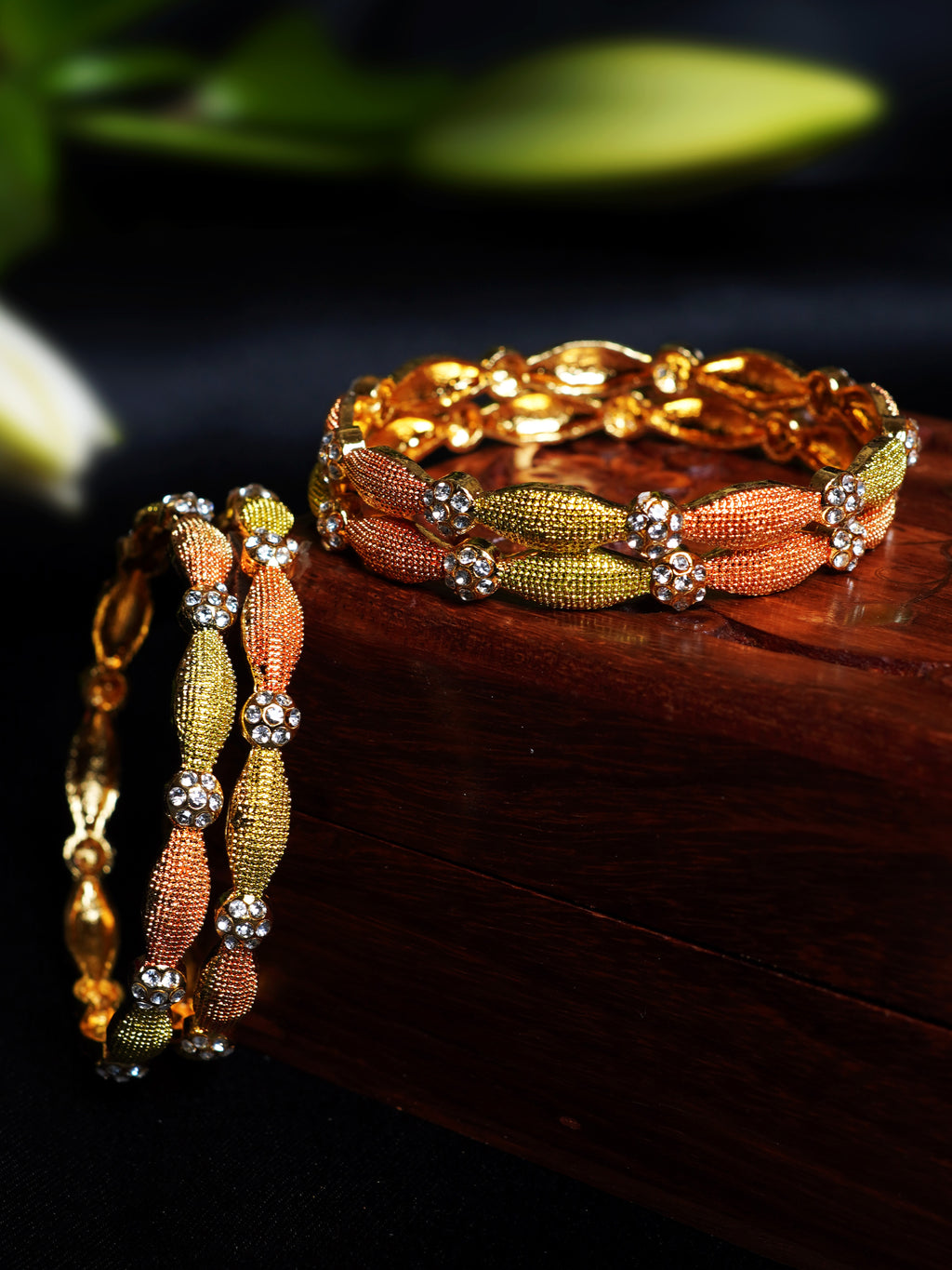 Tri Tone Oval Beaded Bangle Set