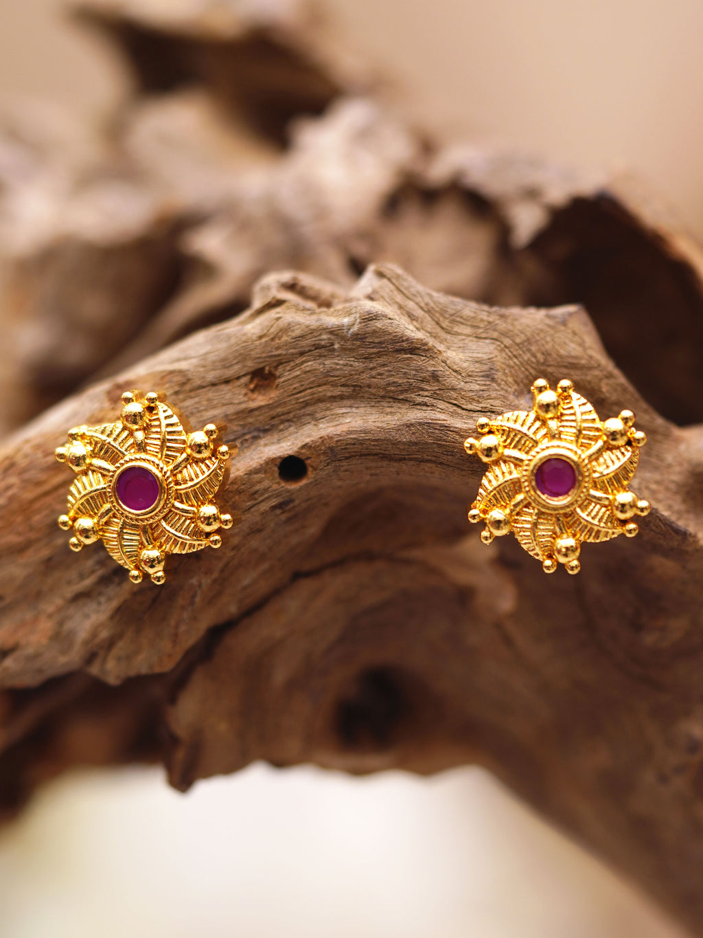 Magenta Floral Wheel Stud Earrings