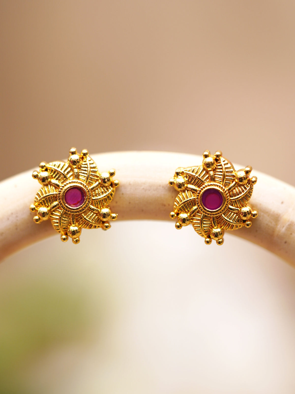Magenta Floral Wheel Stud Earrings