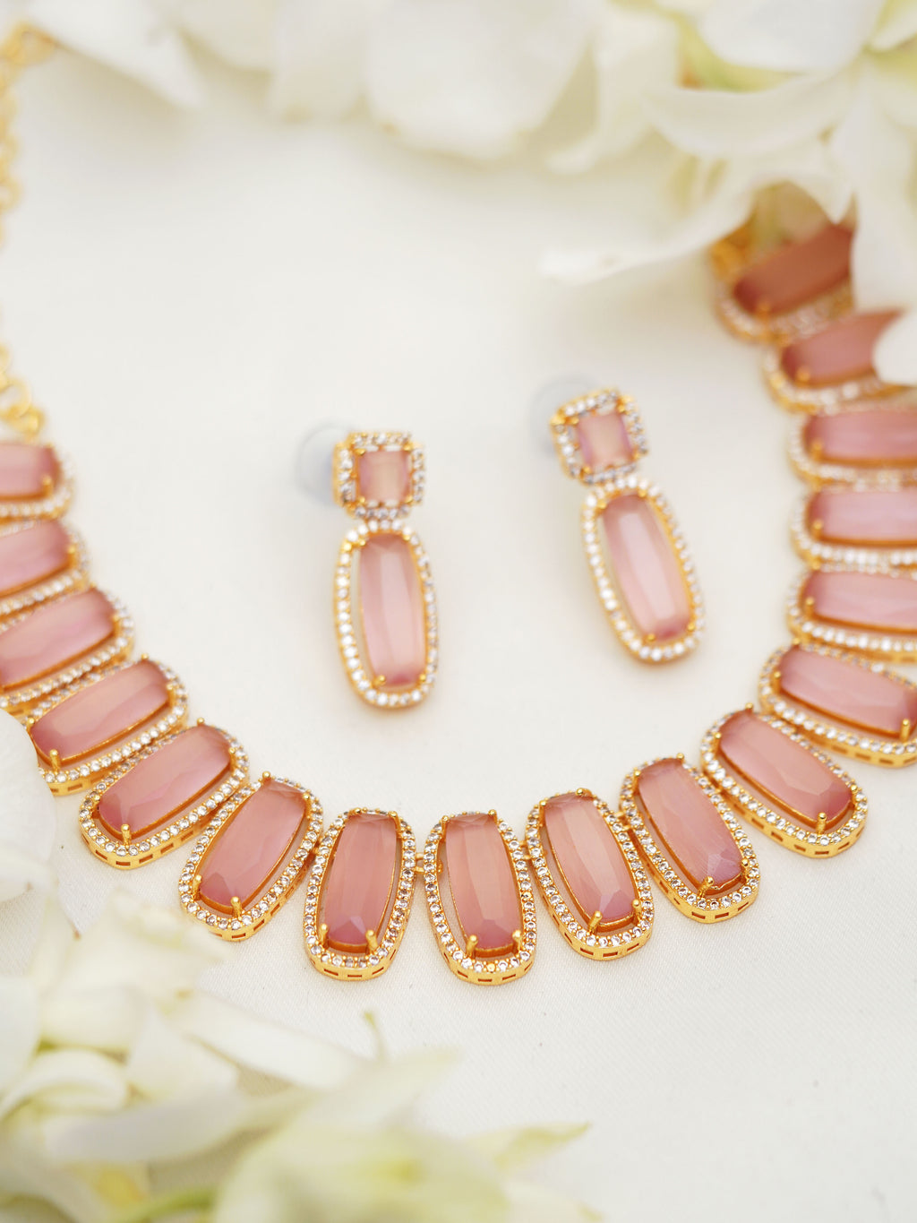 Blush Pink Rectangular Stone Necklace Set
