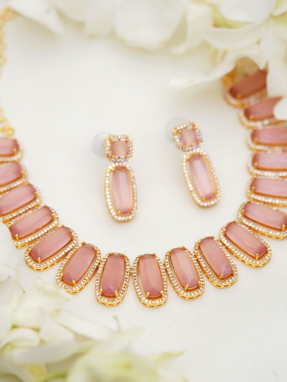 Blush Pink Rectangular Stone Necklace Set