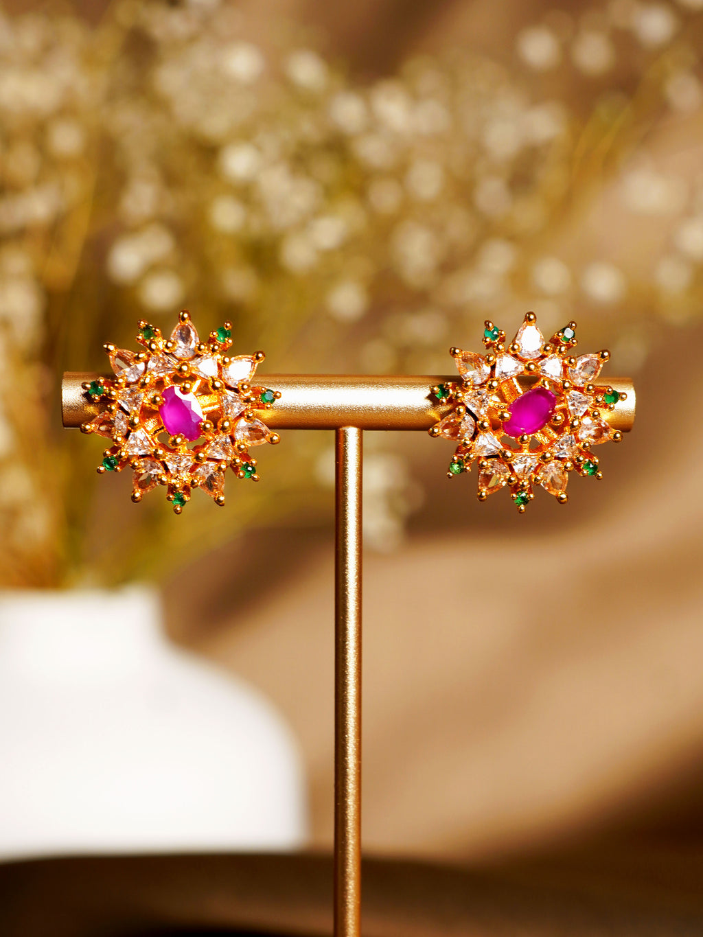 Rani Green Floral Halo Stud Earrings
