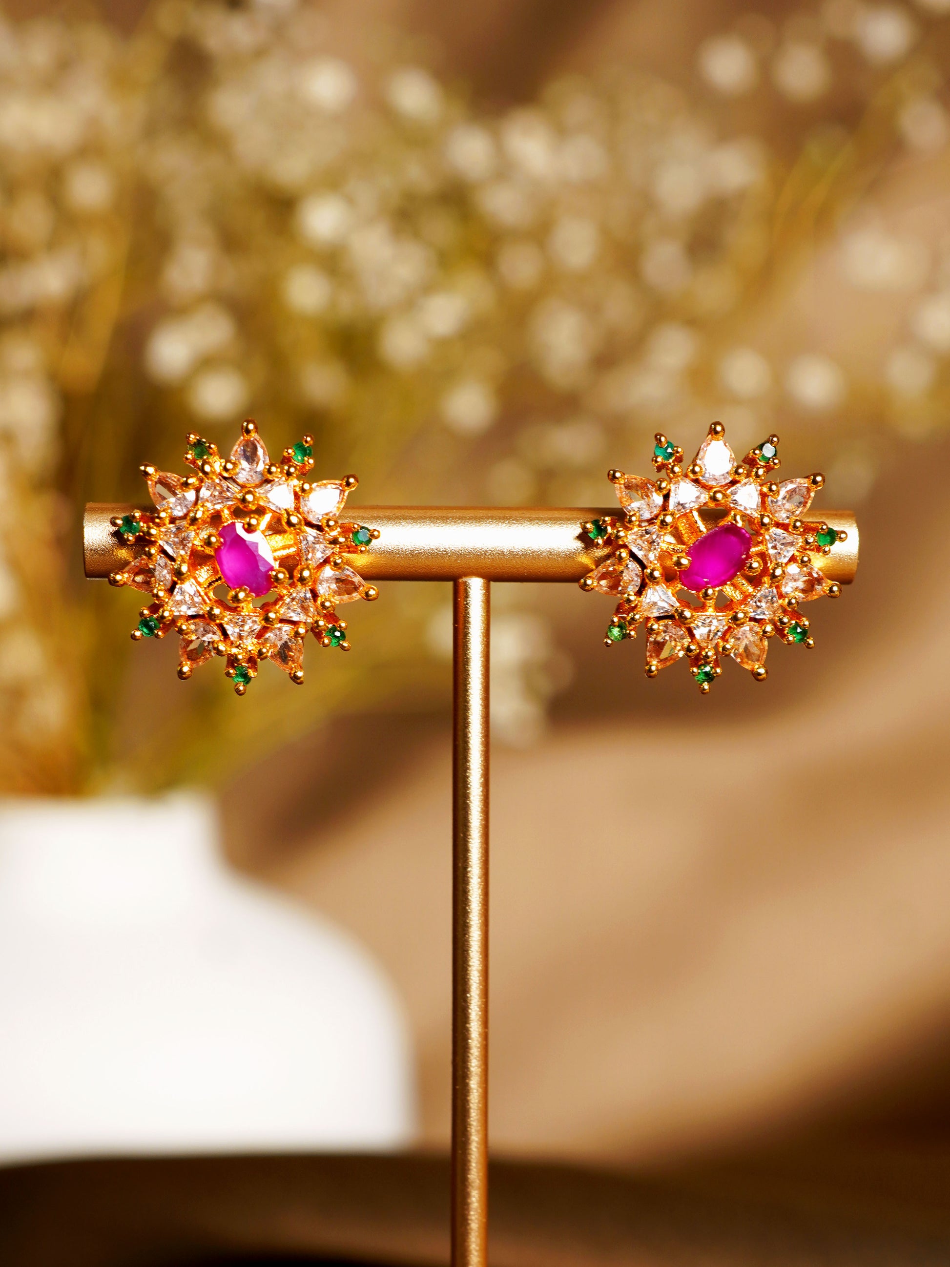 Rani Green Floral Halo Stud Earrings