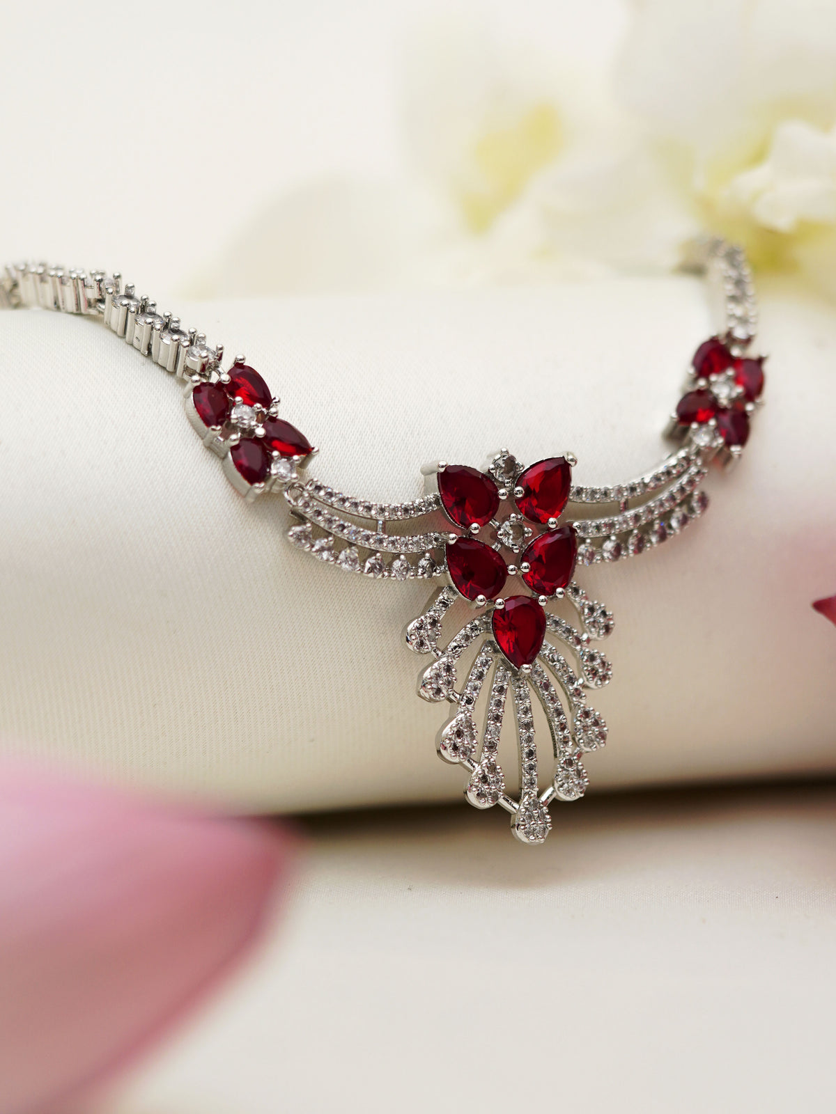 Red Petal Cascade Necklace Set