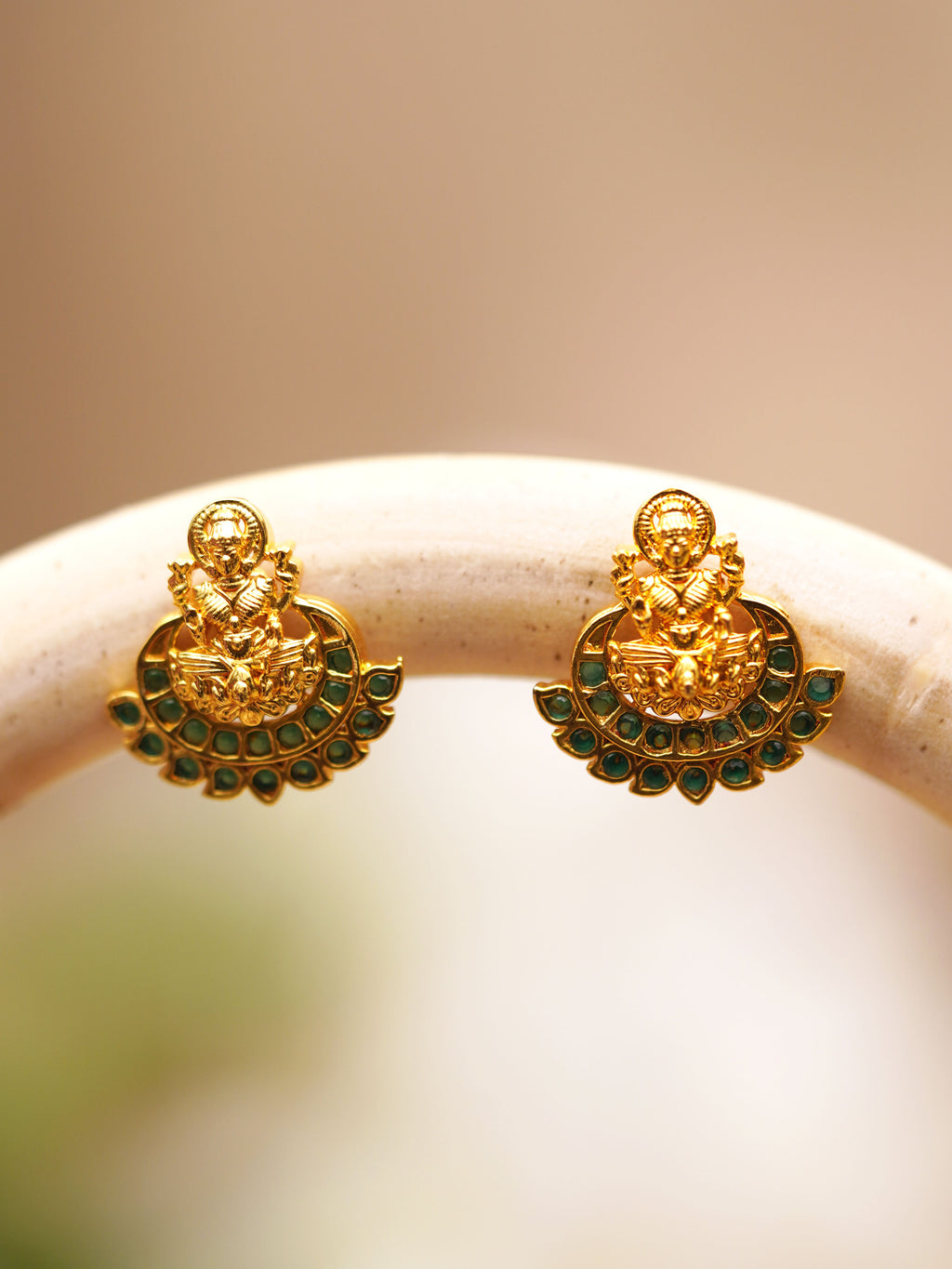 Green Lakshmi Temple Stud Earrings