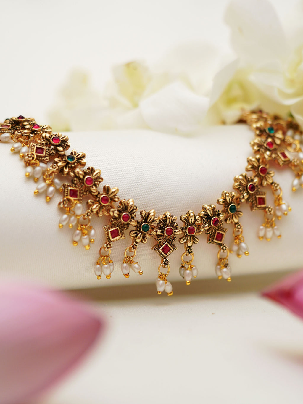 Floral Pearl Drop Antique Necklace Set