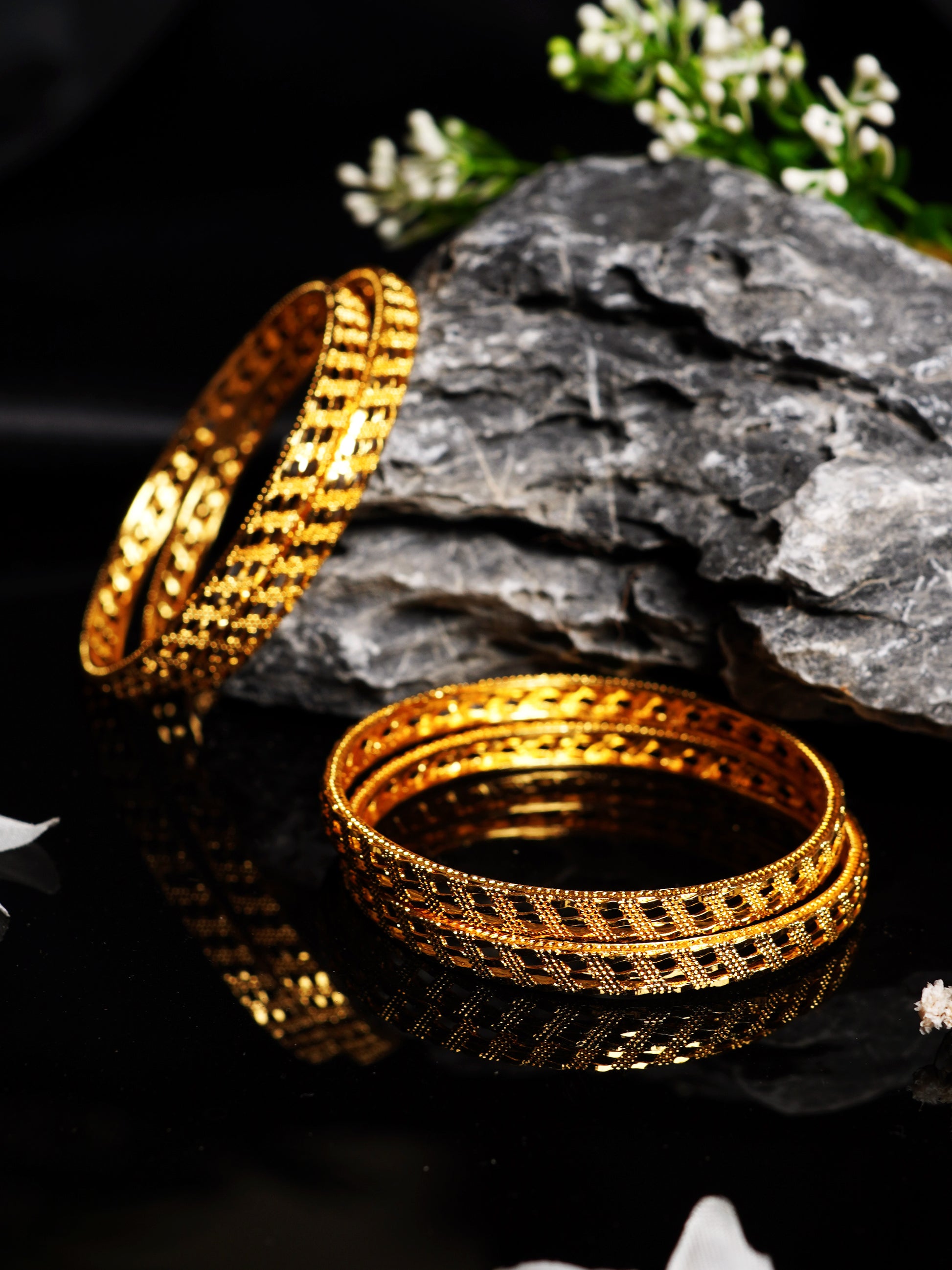 Stone Studded Flower Design Bangle Set