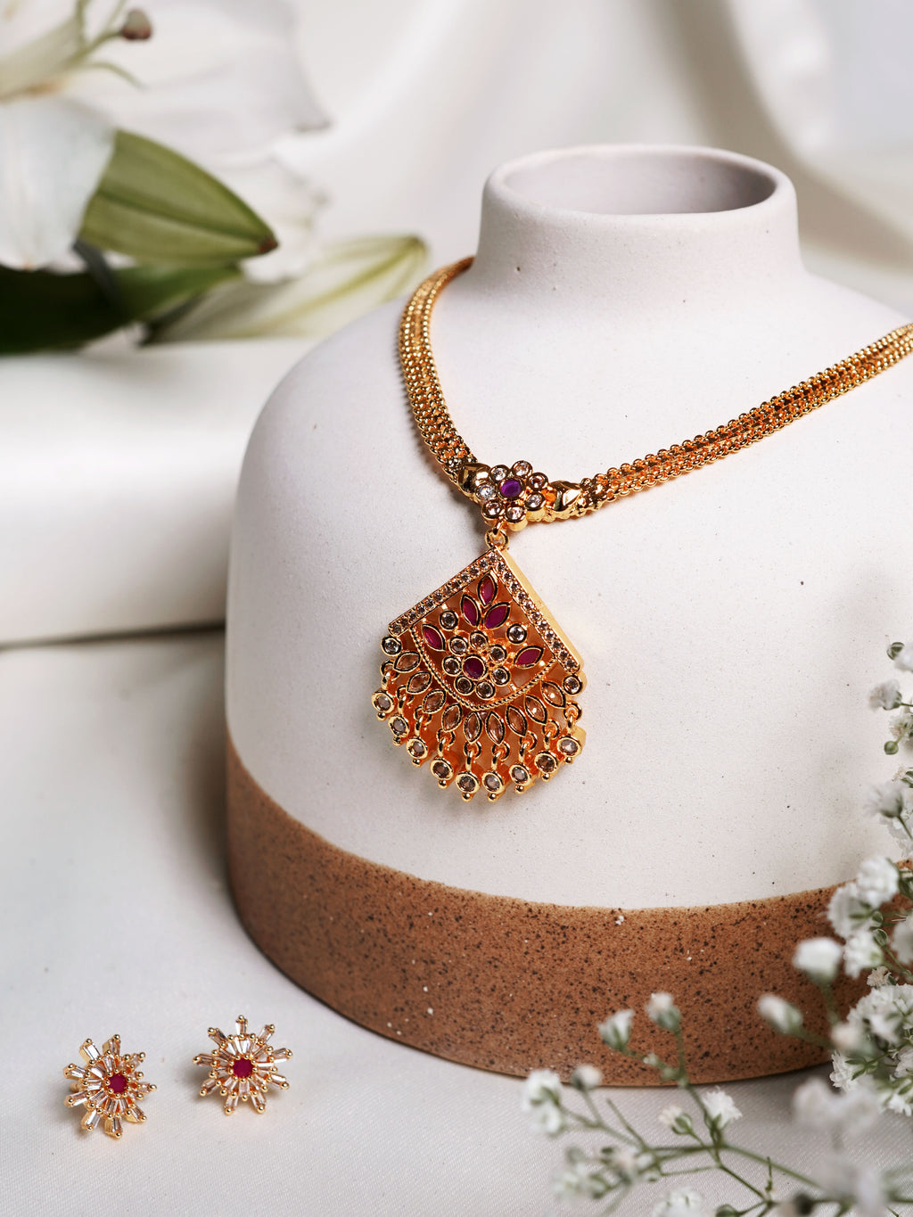 Rose Petal Kundan Drop Necklace Set