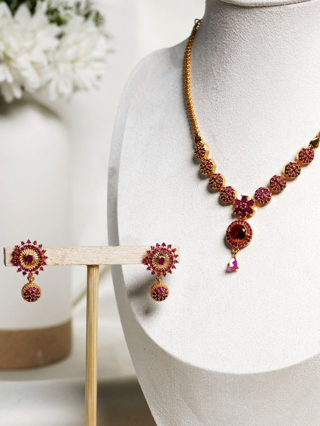Crimson Bloom Crystal Pendant Necklace Set