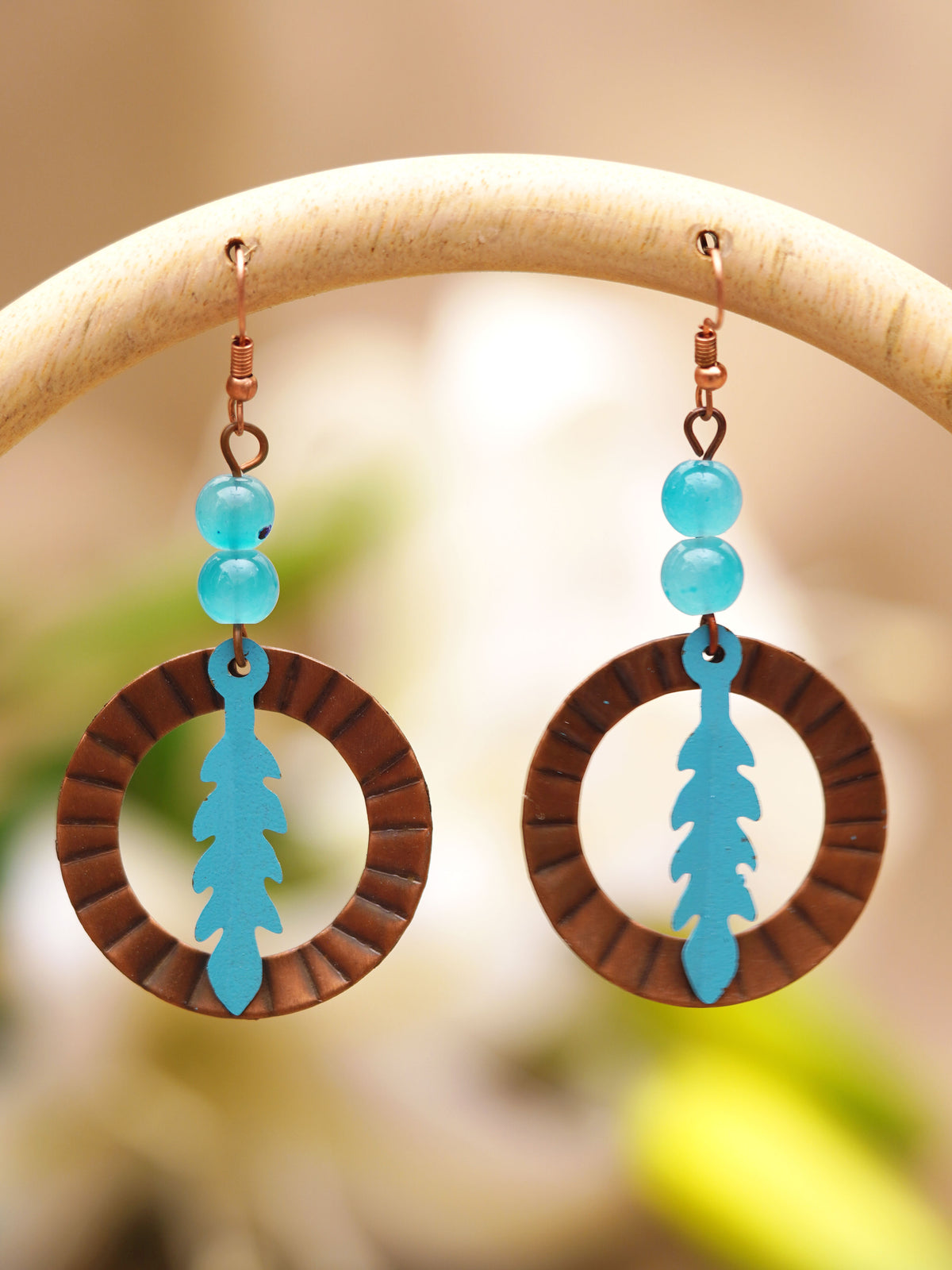 Turquoise Blue Feather Hoop Earrings