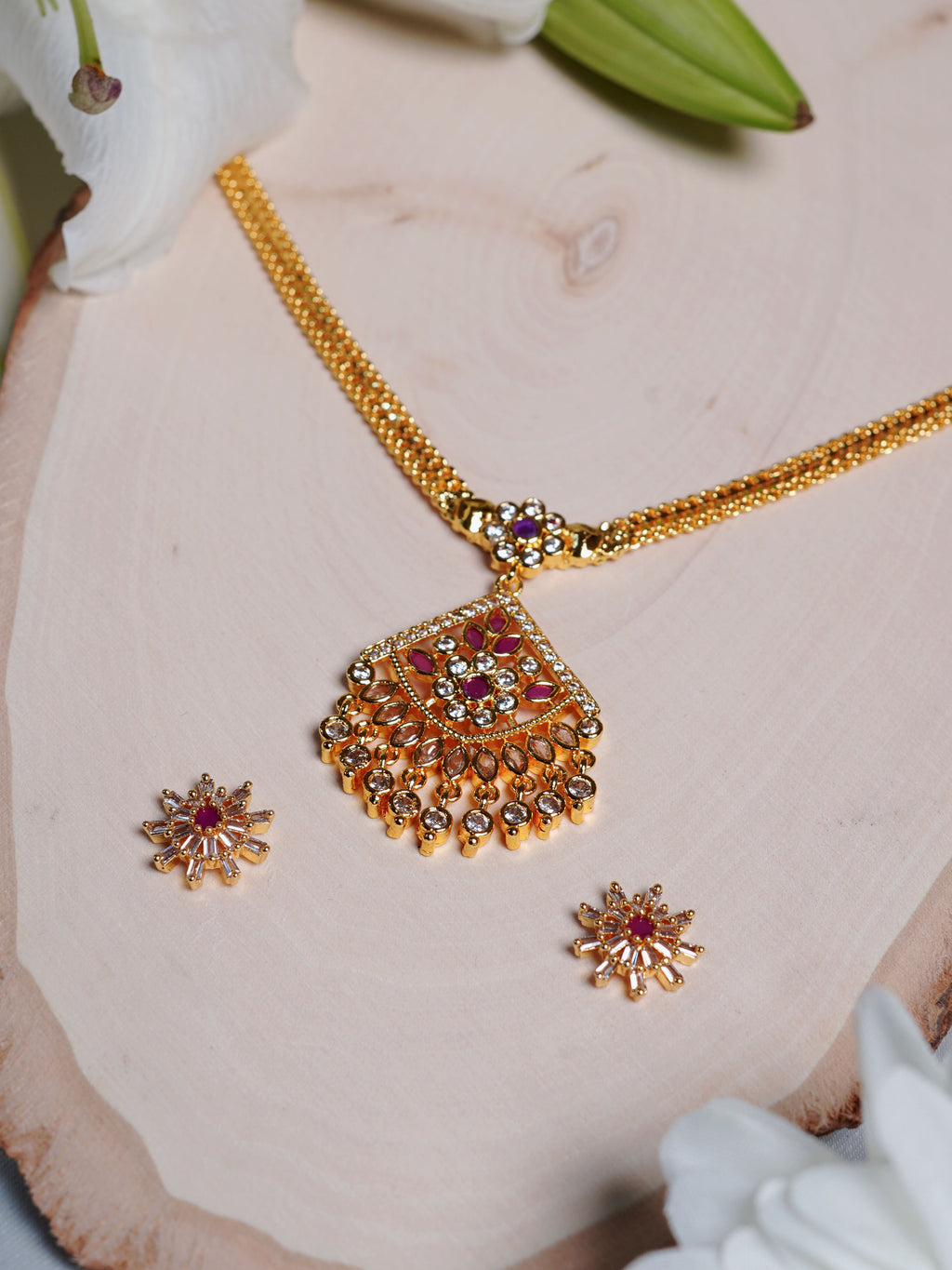 Rose Petal Kundan Drop Necklace Set