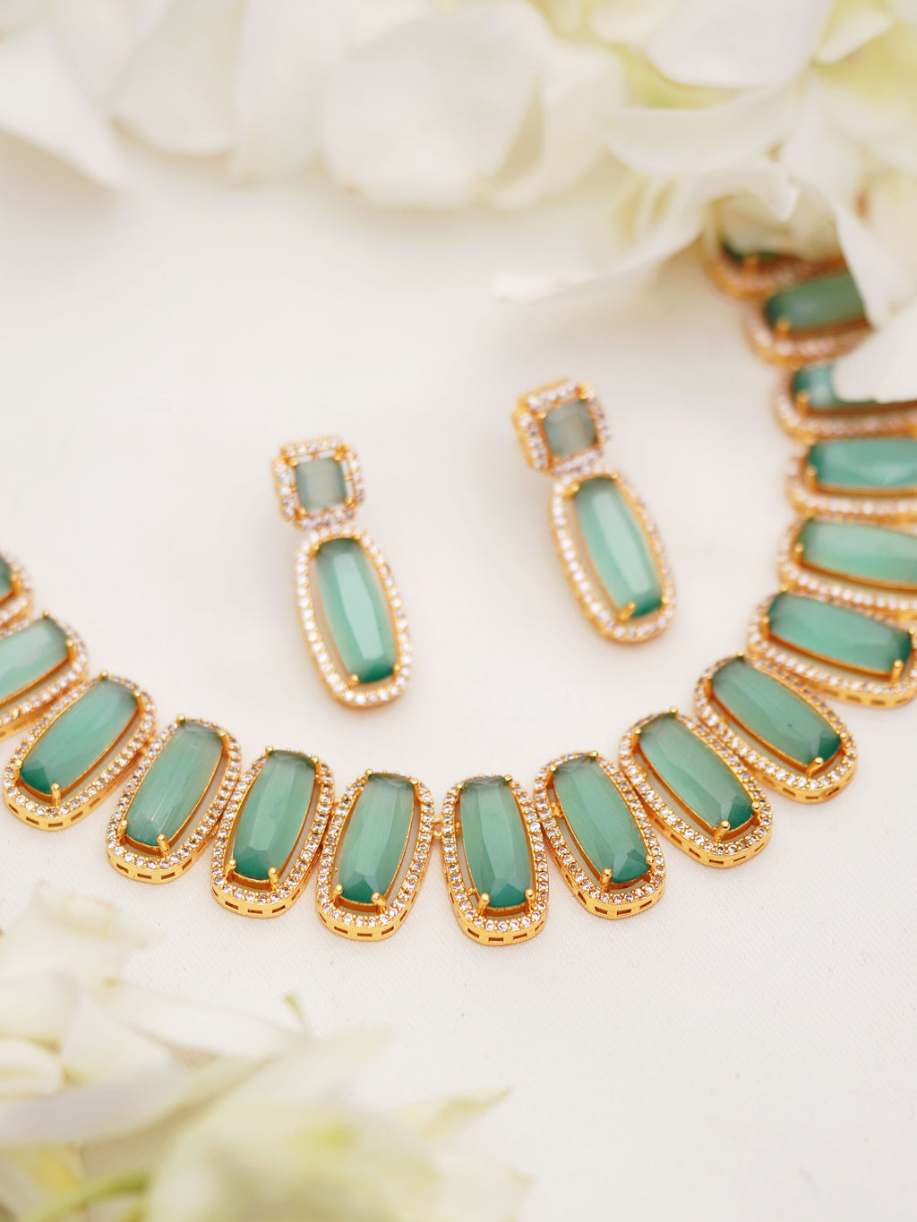 Mint Green Rectangular Stone Necklace Set