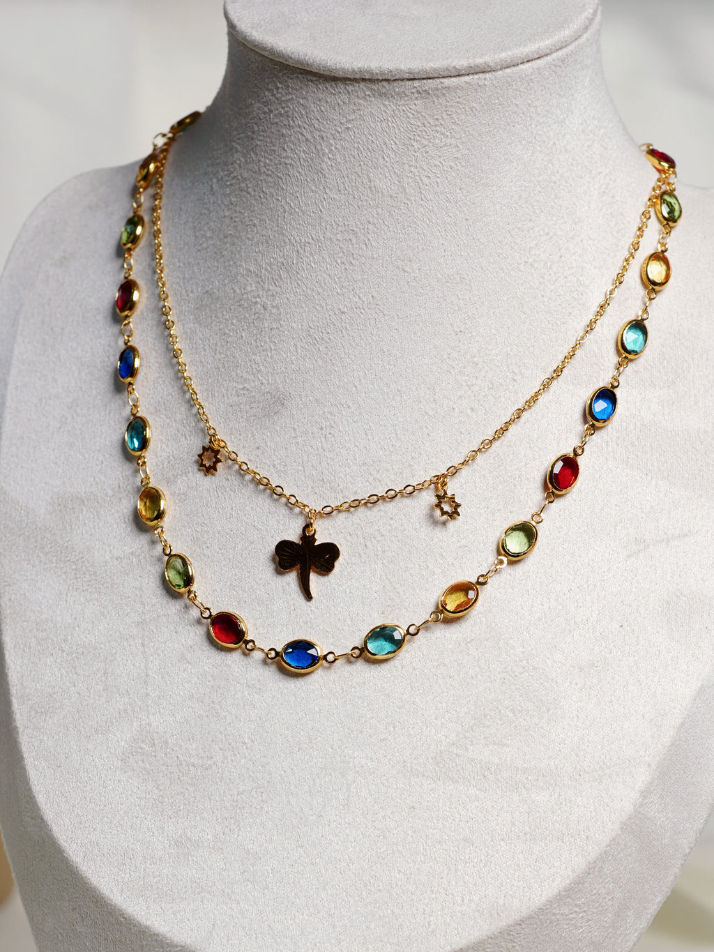 Rainbow Charm Dragonfly Layered Necklace