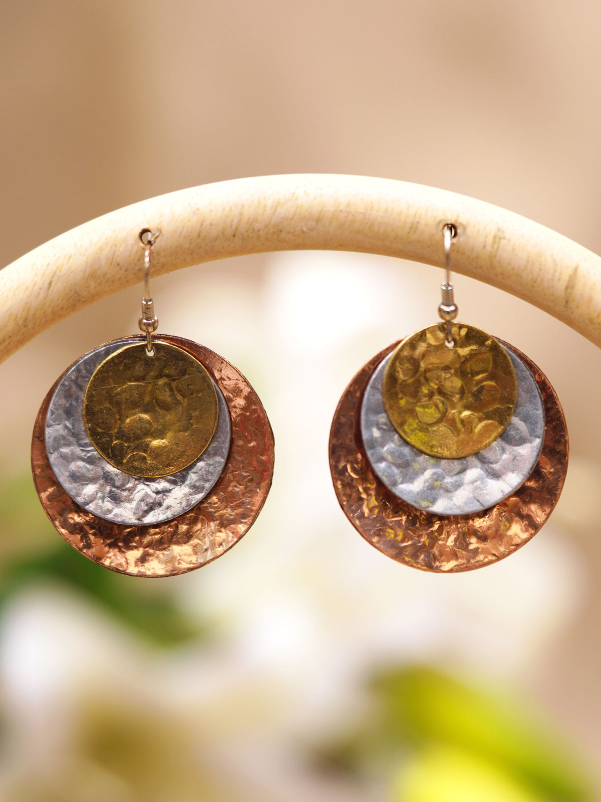 Tri-Metal Hammered Circle Earrings