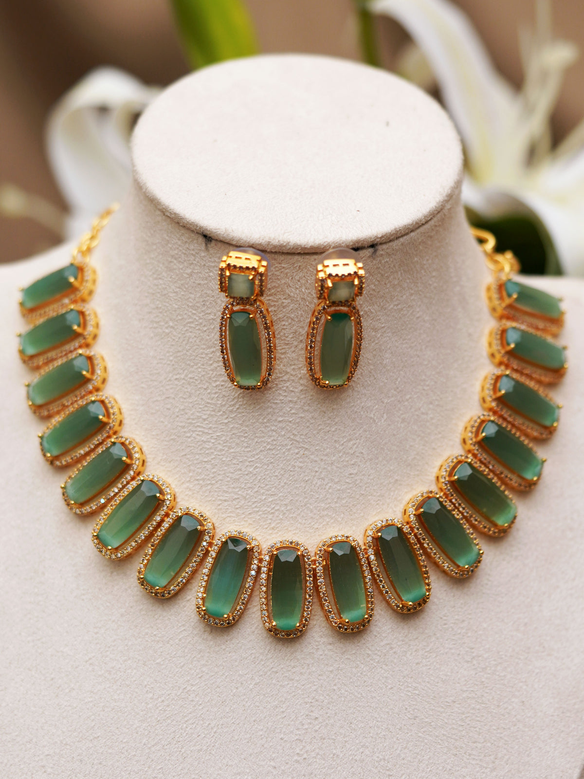 Mint Green Rectangular Stone Necklace Set