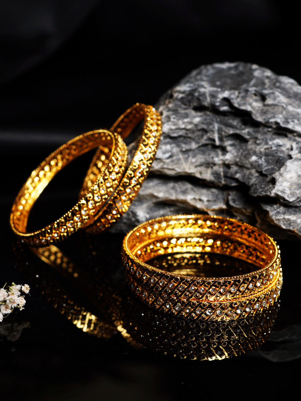Stone Studded Diagonal Jali Bangle Set