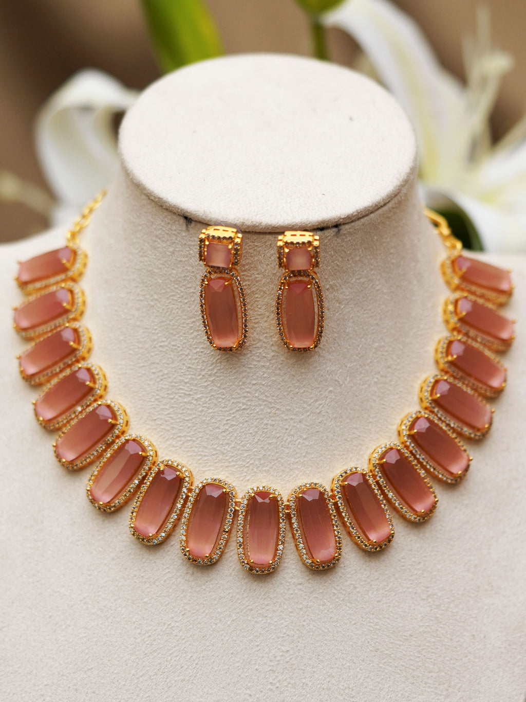 Blush Pink Rectangular Stone Necklace Set