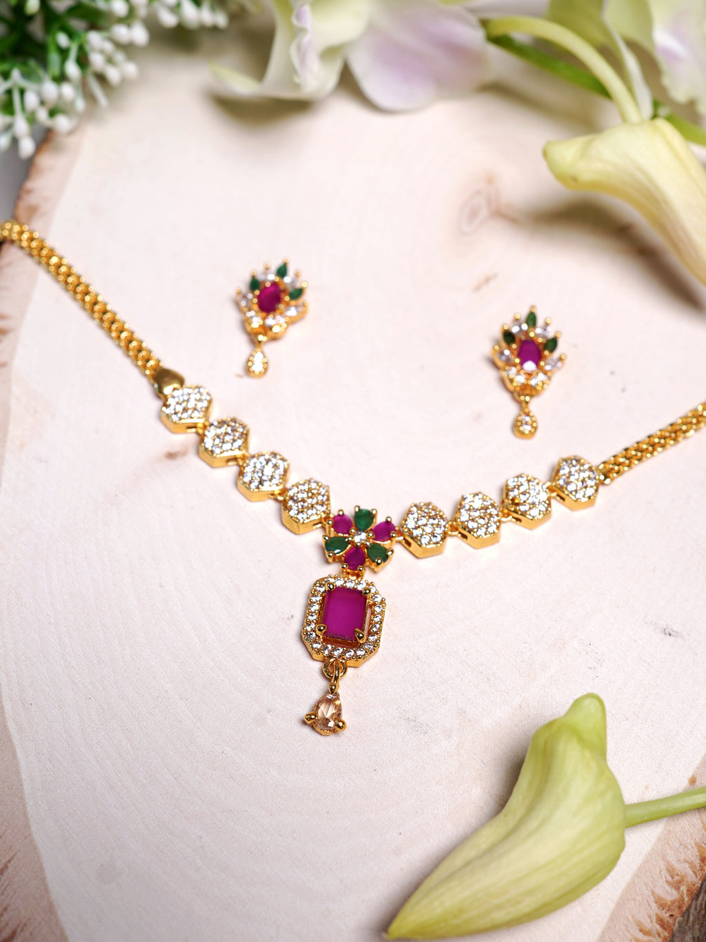Blush Petal Crystal Pendant Necklace Set
