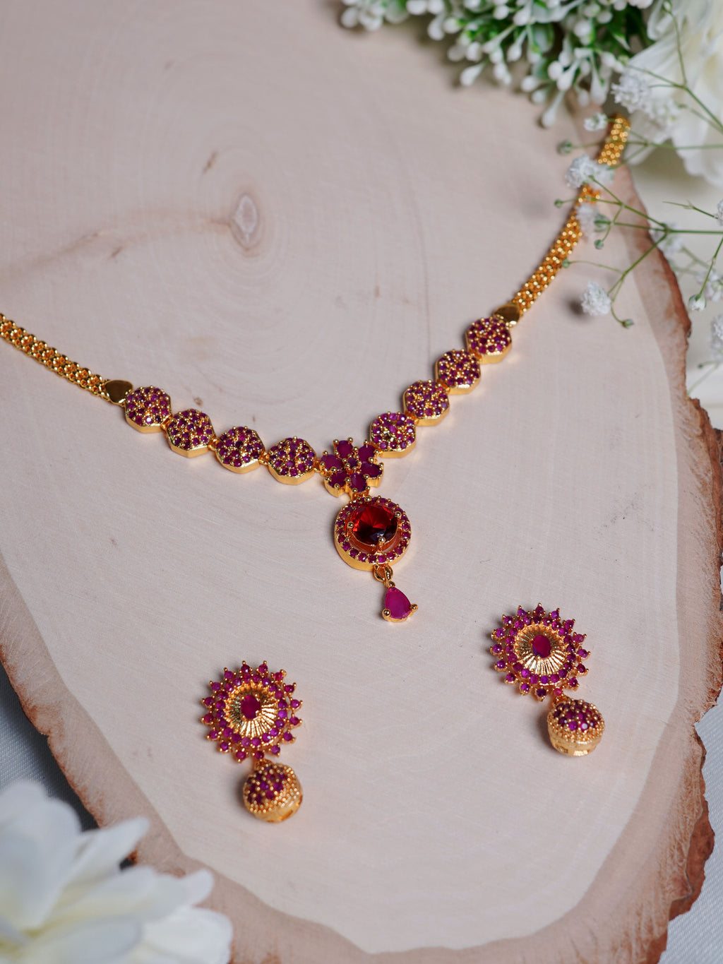 Crimson Bloom Crystal Pendant Necklace Set