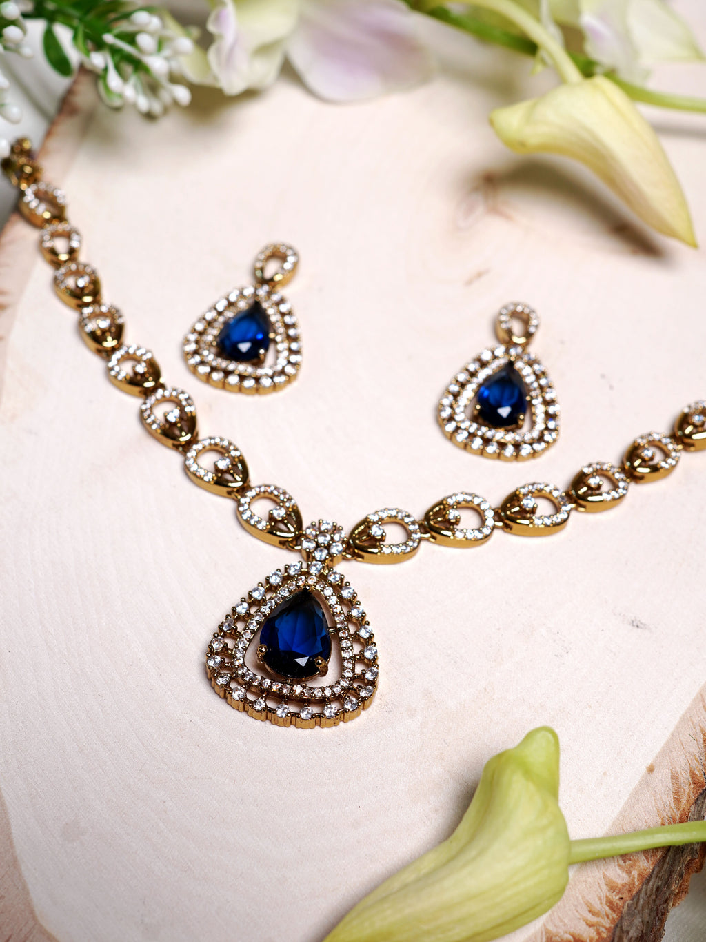 Midnight Blue Teardrop Halo Necklace Set