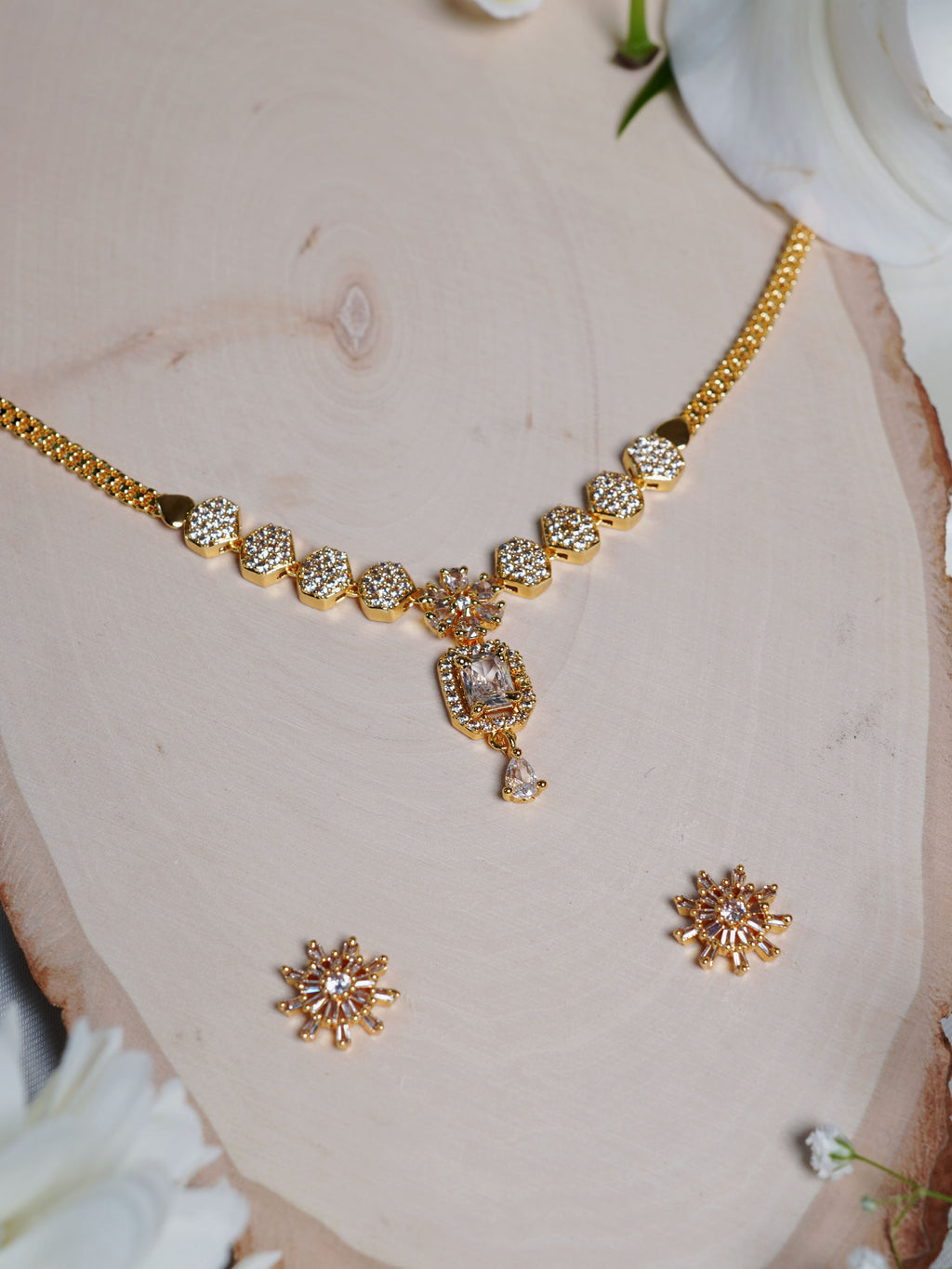 Ivory Bloom Crystal Pendant Necklace Set