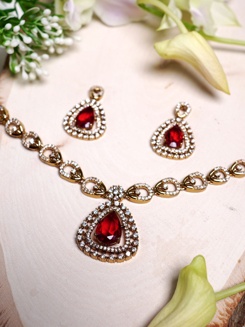 Crimson Teardrop Halo Necklace Set