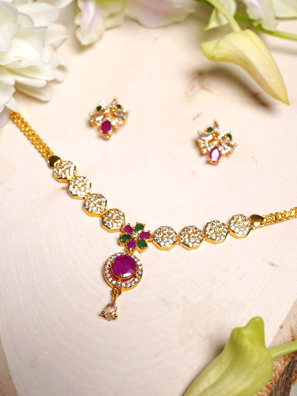 Crimson Garden Crystal Pendant Necklace Set