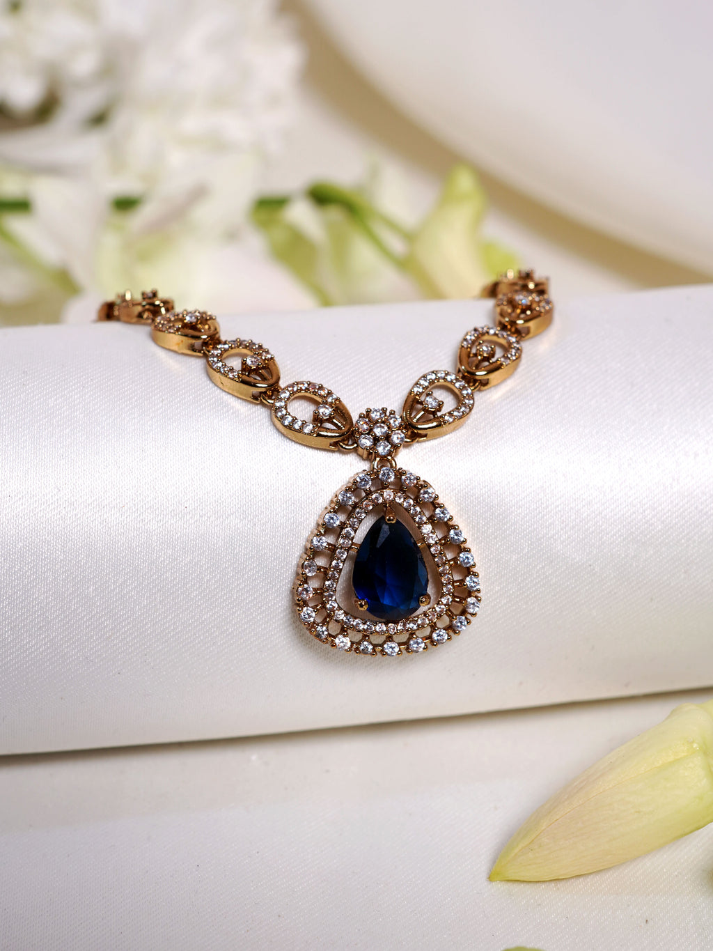 Midnight Blue Teardrop Halo Necklace Set
