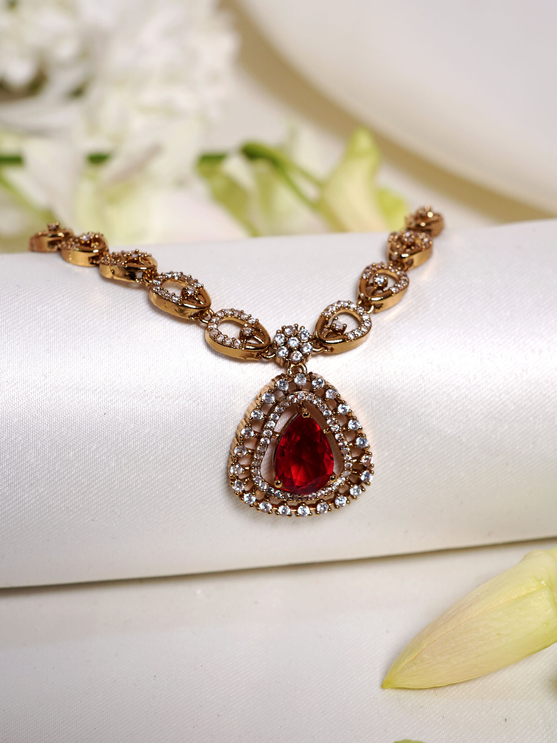 Crimson Teardrop Halo Necklace Set